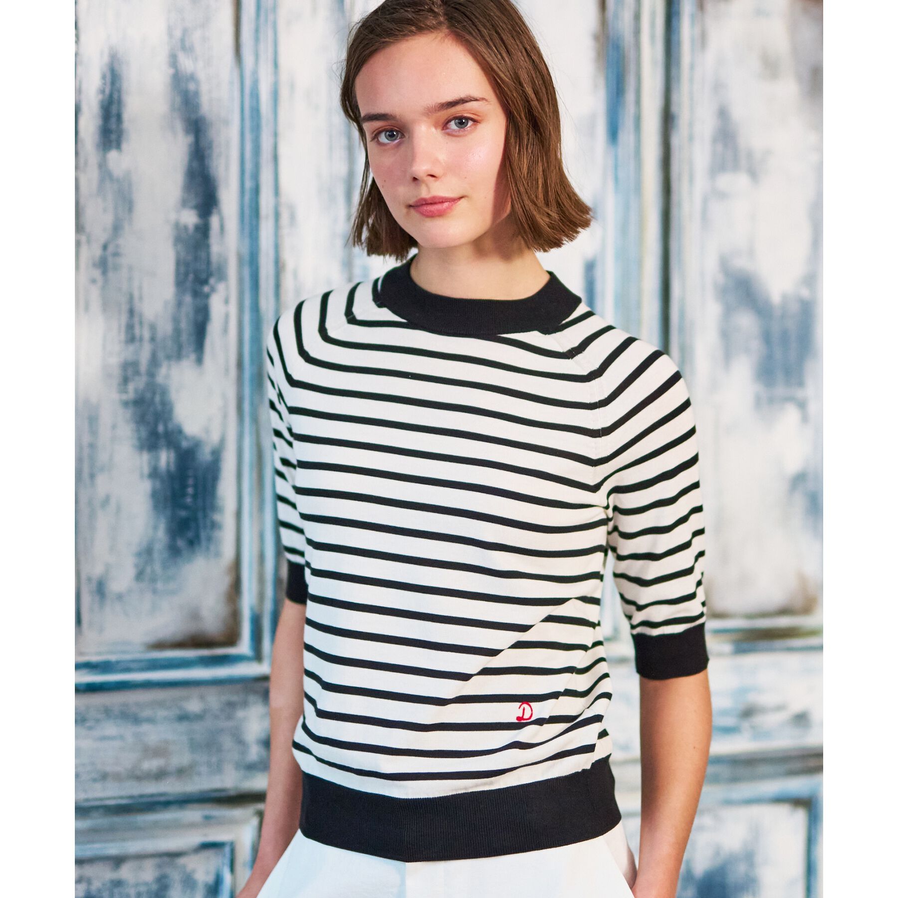 DRESSTERIOR「【洗える】マルチボーダーハーフスリーブニット」|ニット・セーター|ブラック(319)