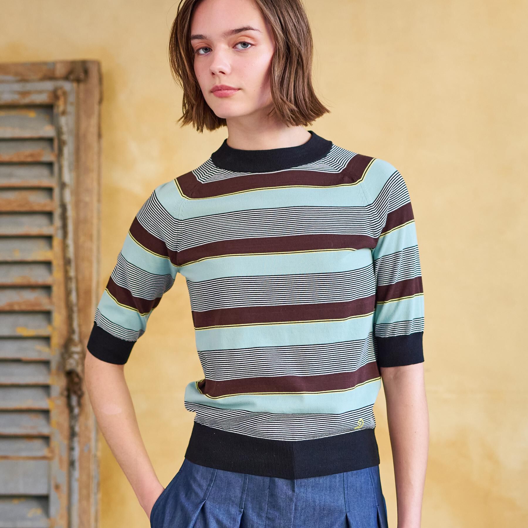 DRESSTERIOR「【洗える】マルチボーダーハーフスリーブニット」|ニット・セーター|