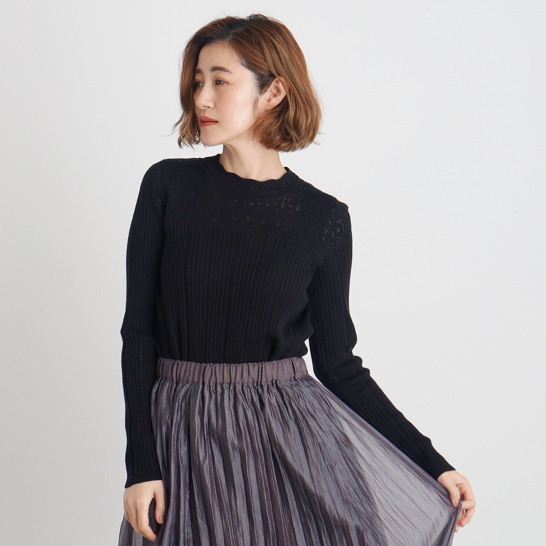 grove「レース編みリブニット」|ニット・セーター|ブラック(019)