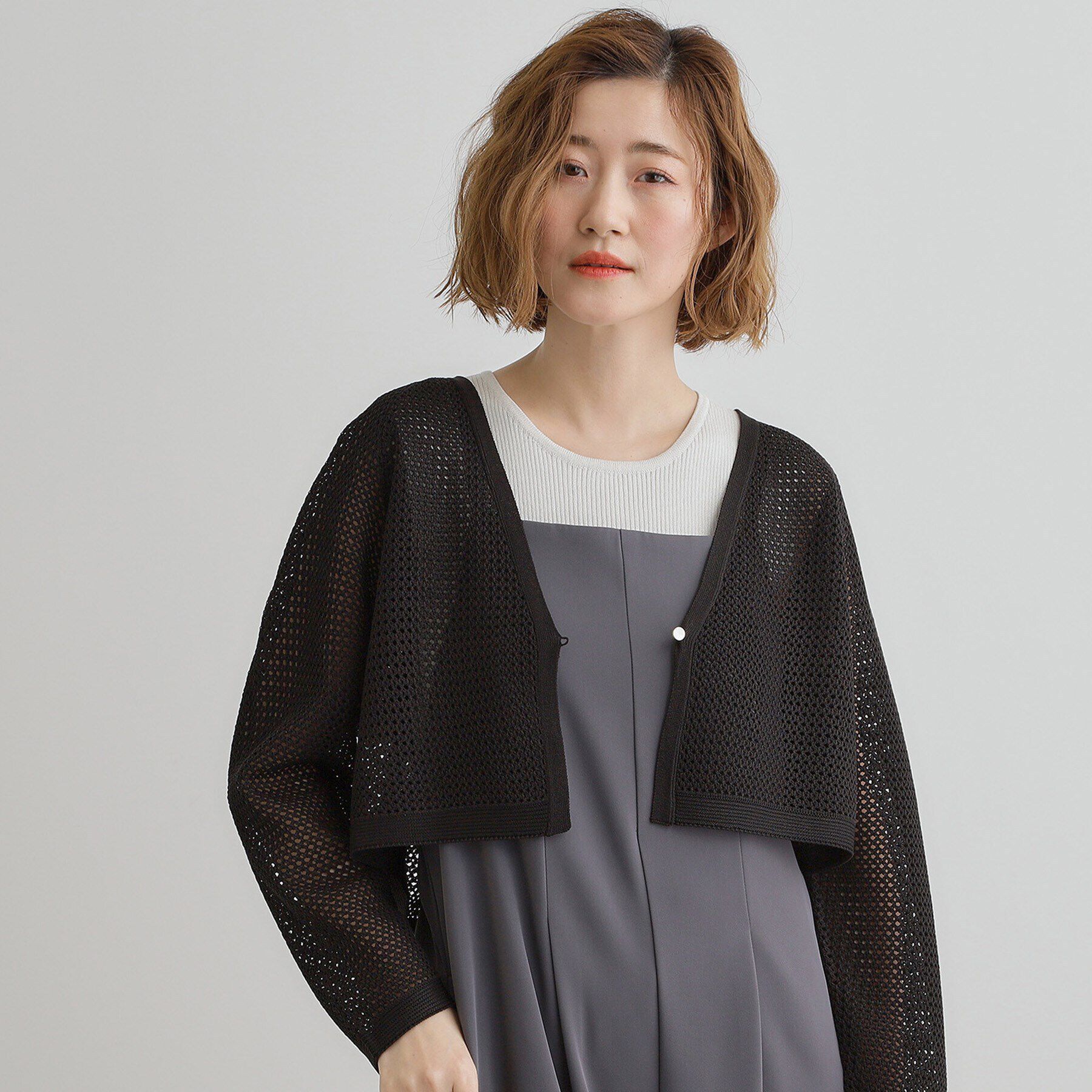 grove「ワイドスリーブメッシュカーディガン」|カーディガン|ブラック(019)