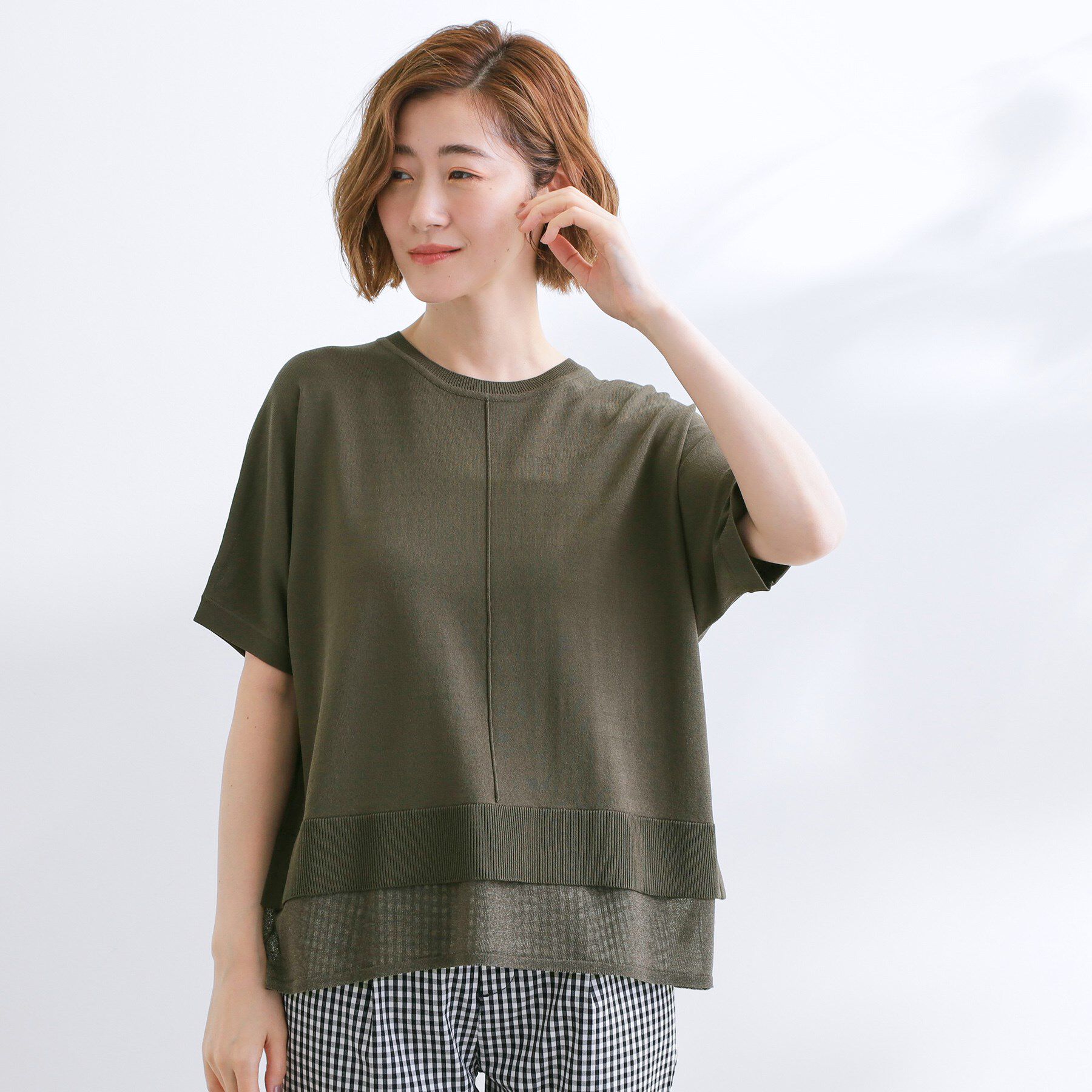 grove「【夏に嬉しい機能付き】やわらかドライタッチレイヤードライクニット」|ニット・セーター|カーキ(029)