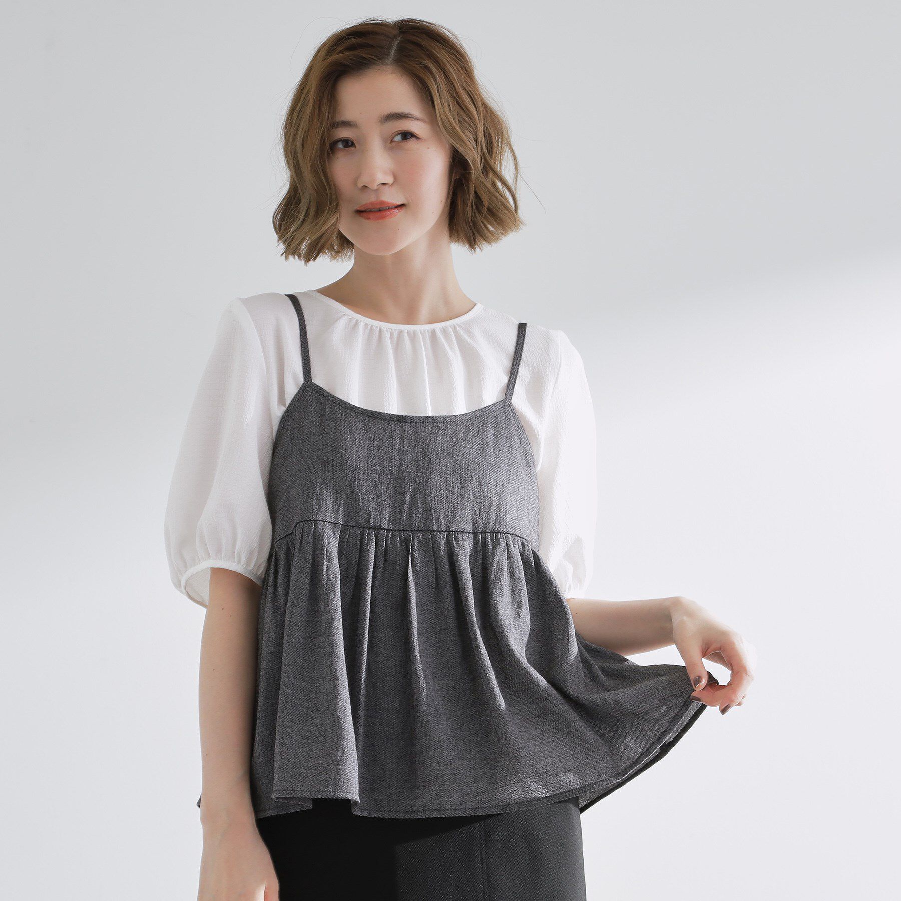 grove「【2点SET/お洒落見え/体型カバー】ツイード調キャミ&times;ブラウスセット」|シャツ・ブラウス|