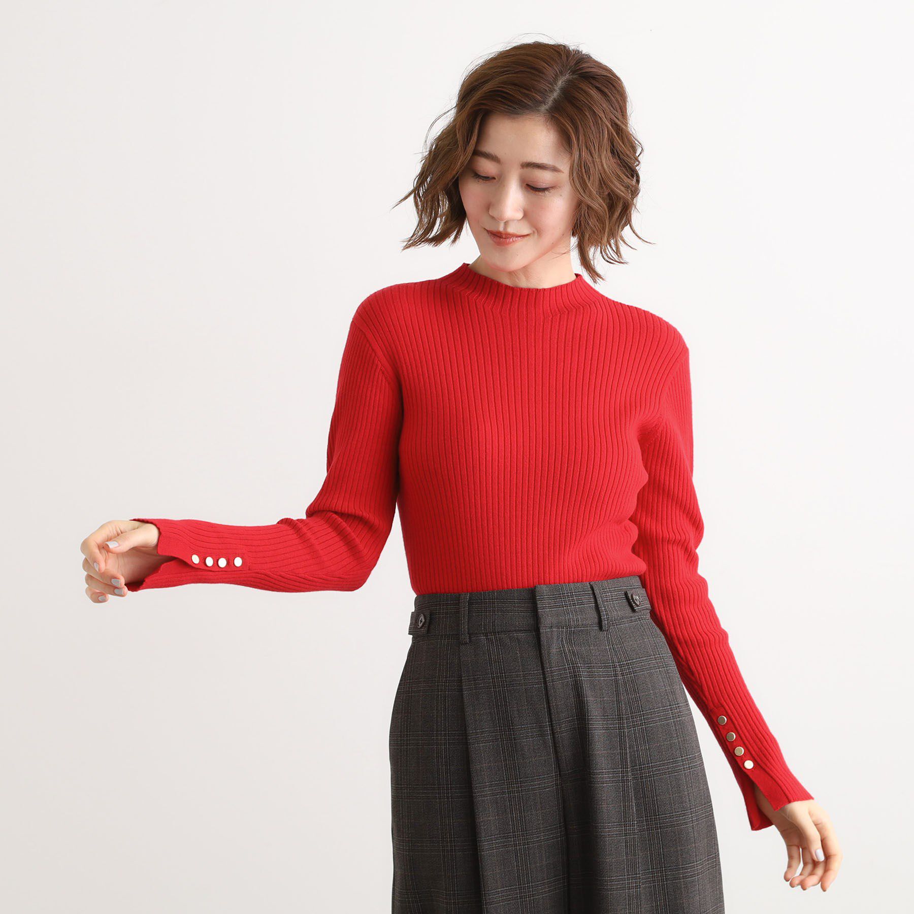 grove「【吸湿発熱／帯電防止】ハイネックリブプルオーバー」|ニット・セーター|レッド(063)