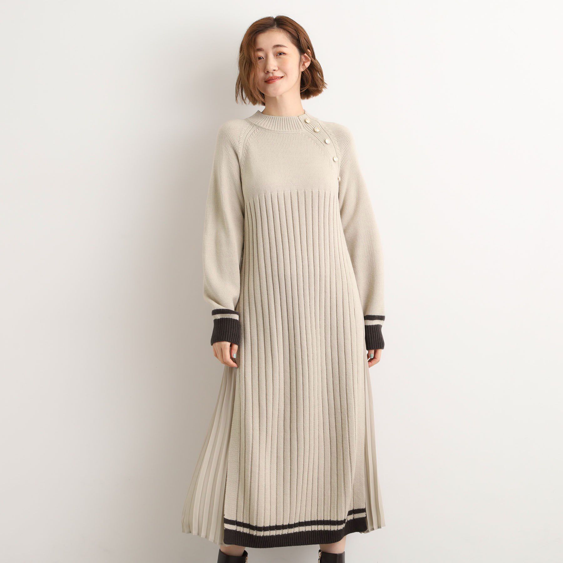 grove「【選べる着丈】配色サイドプリーツニットワンピース」|ワンピース|ベージュ(552)