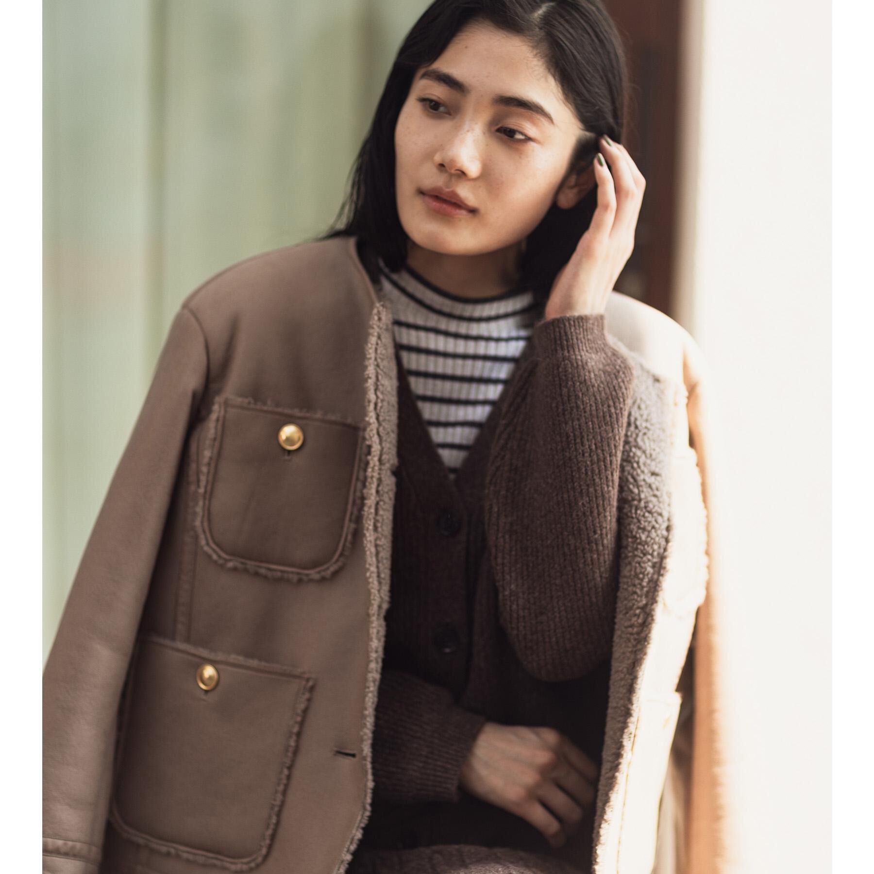 grove「フェイクムートンボアジャケット」|ノーカラーコート|