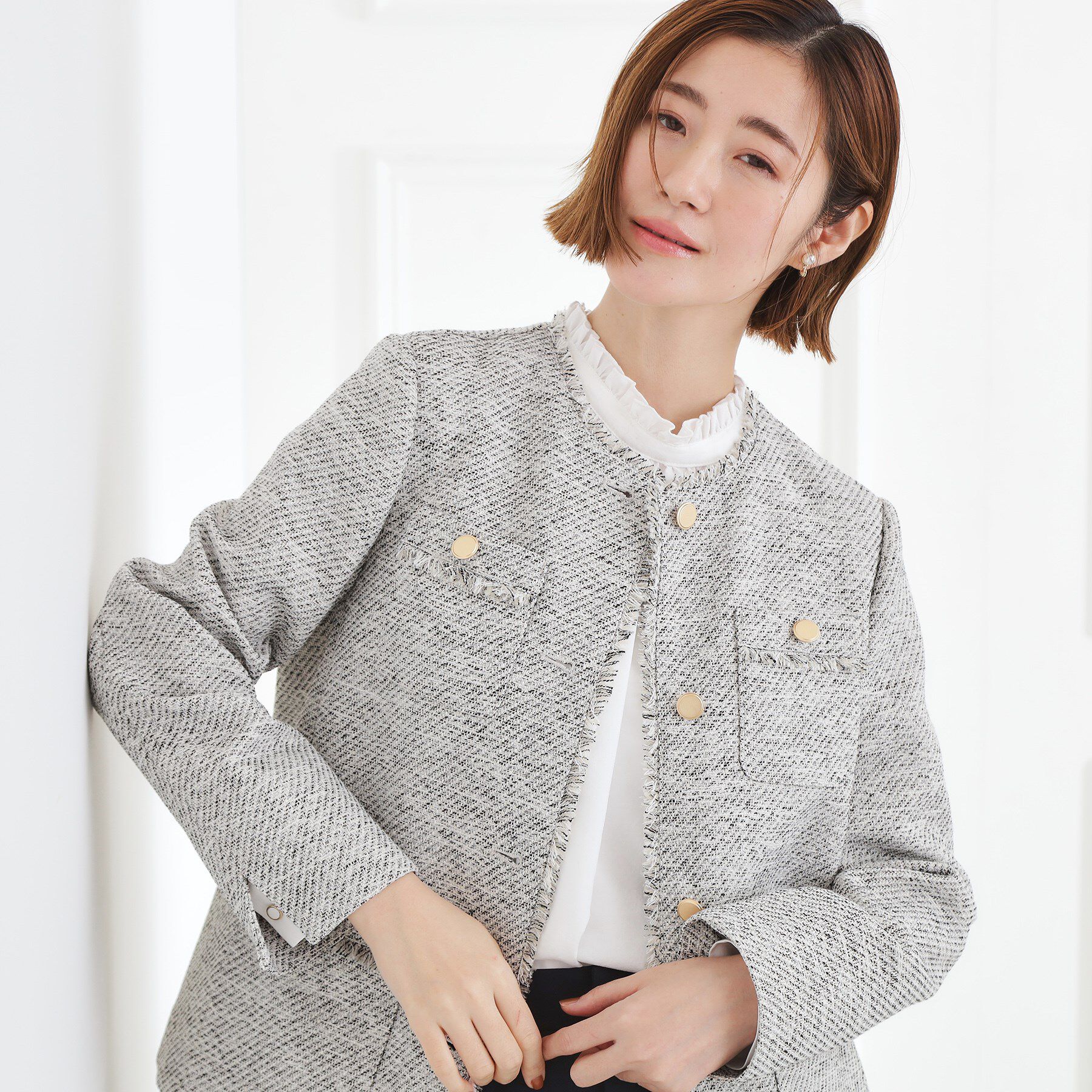 grove「ミドルツイードジャケット」|ノーカラージャケット|ブラック(419)