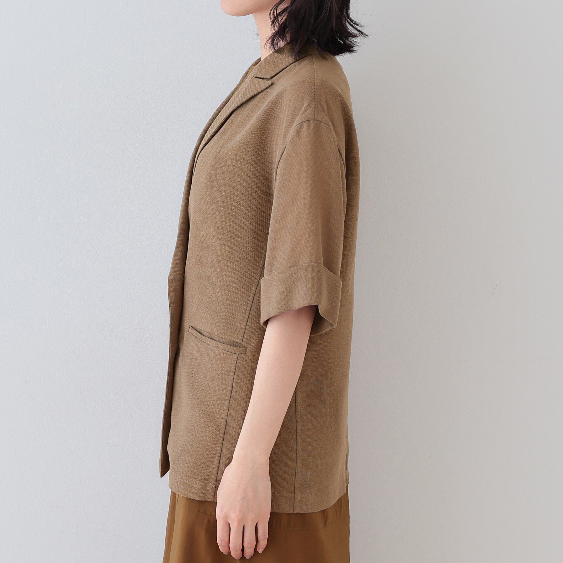 INDIVI「【洗える／メッシュ素材】リネンライク半袖ダブルジャケット」|テーラードジャケット|