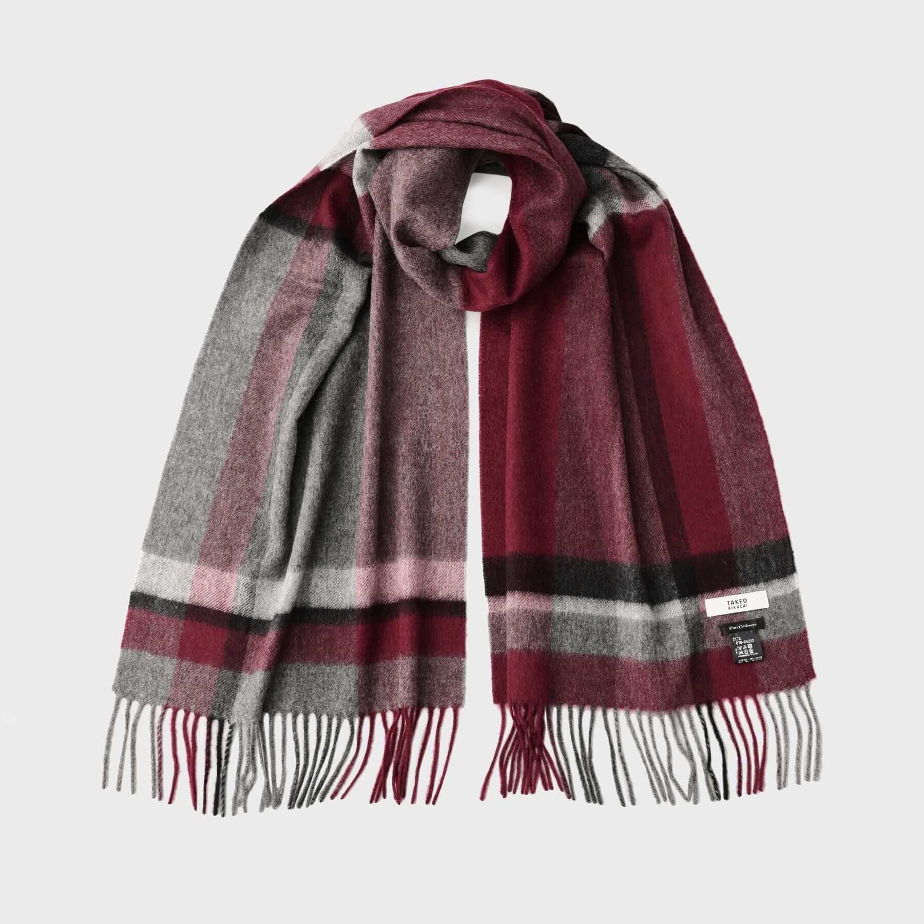 TAKEO KIKUCHI「【洗えるカシミヤ】 ピュアカシミヤ パネルチェックマフラー」|ストール|ボルドー(264)