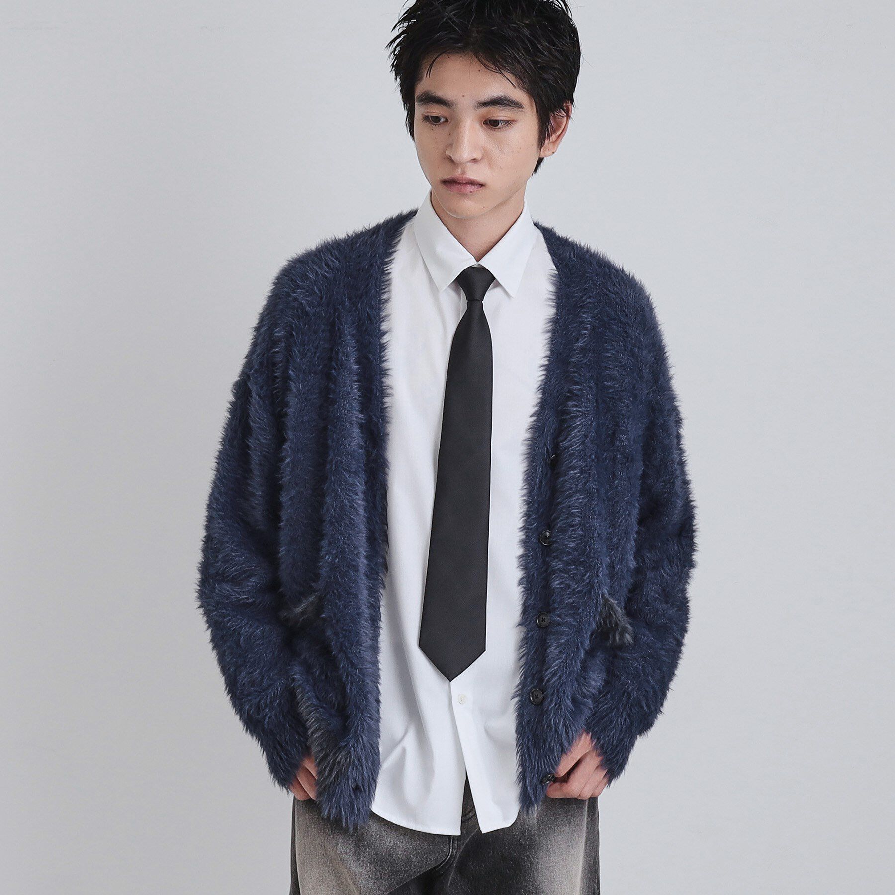 tk.TAKEO KIKUCHI「バイカラーフェザーニットカーディガン」|カーディガン|ブルー(092)