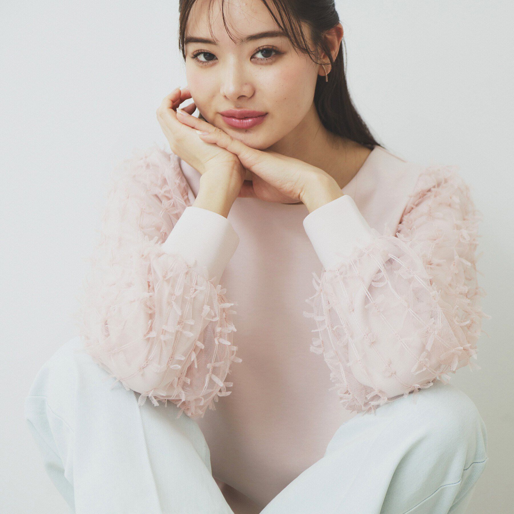 index「《美人百花掲載》リボンチュールトップス【洗濯機洗い可】」|Tシャツ・カットソー|ライトピンク(070