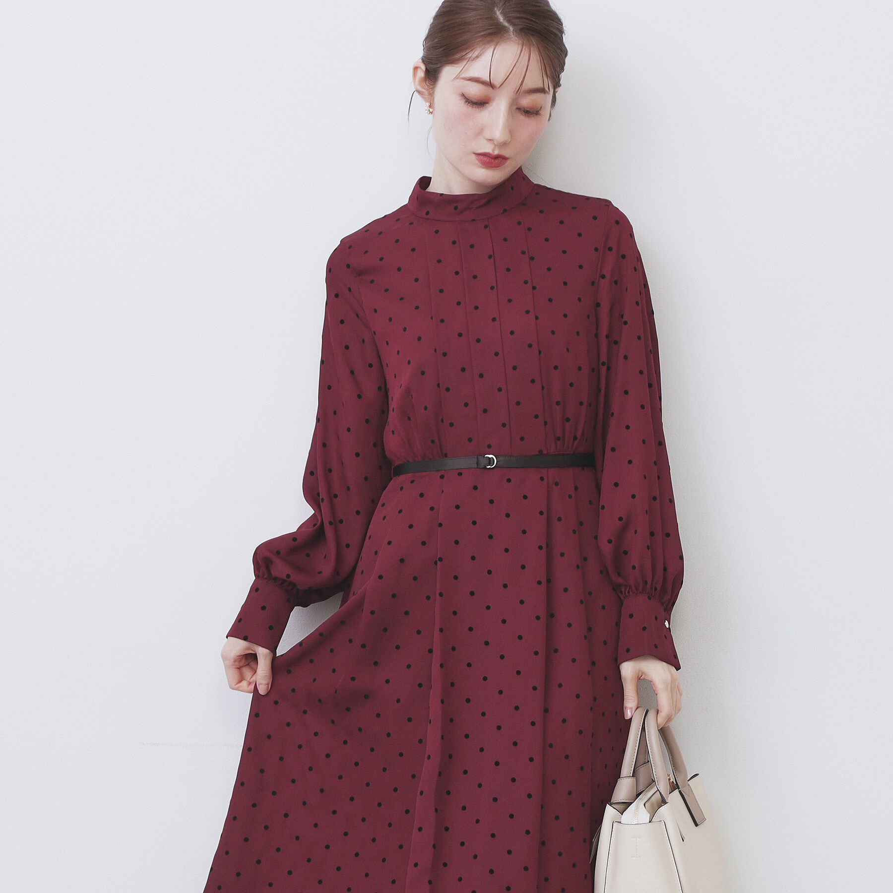 index「ドットデザインタックワンピース【洗濯機OK/イージーアイロン】」|ワンピース|ボルドー(164)