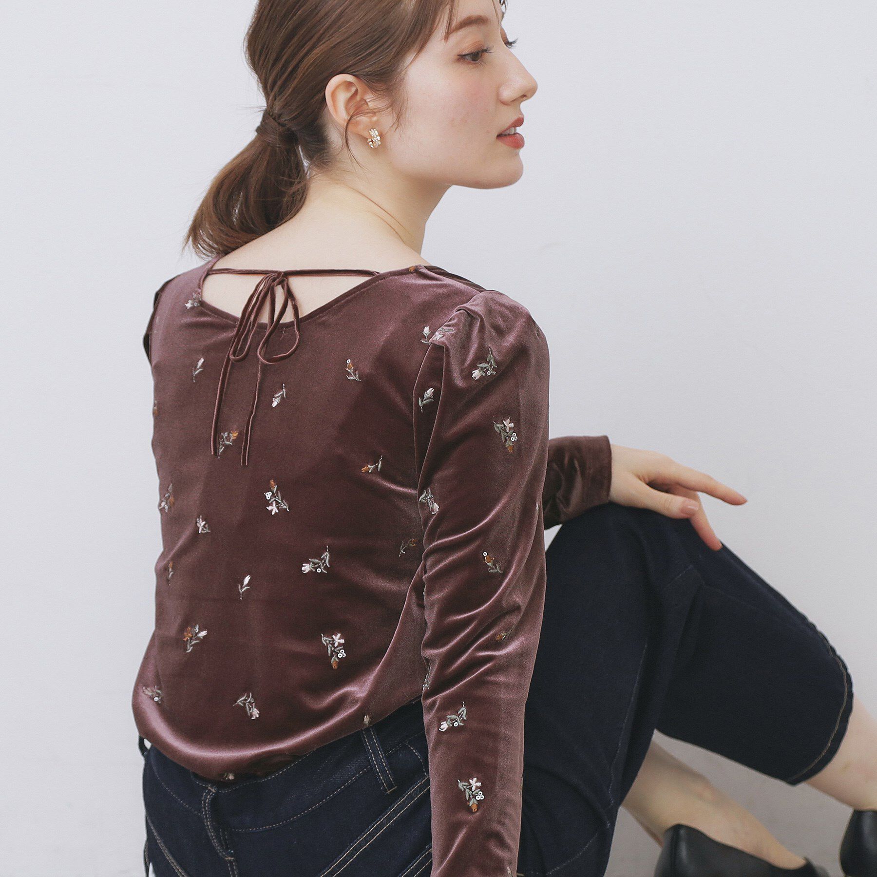 index「バックシャン小花刺繍ベロアトップス【洗濯機OK】」|Tシャツ・カットソー|パープル(082)