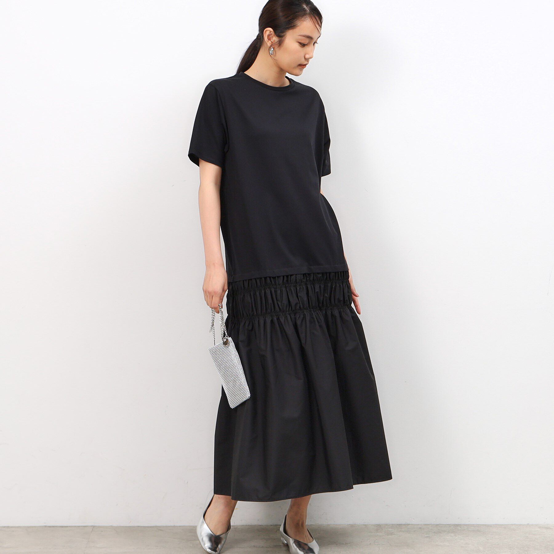 OPAQUE.CLIP「シャーリング切替ドッキングワンピース【洗濯機洗い可】」|ワンピース|ブラック(019)