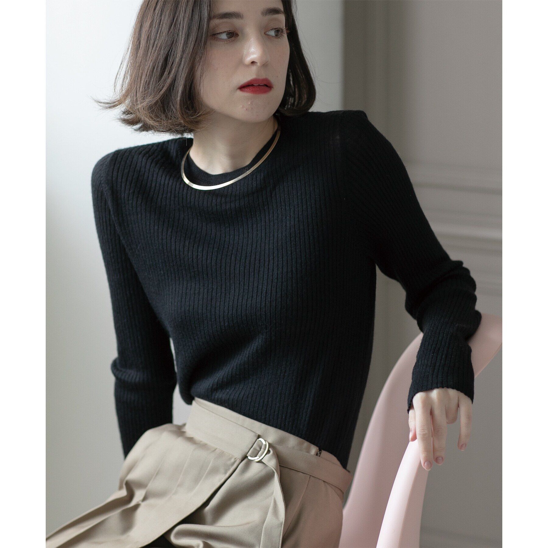 OPAQUE.CLIP「《5color》クルーネックシアーリブニット【洗濯機洗い可】」|ニット・セーター|