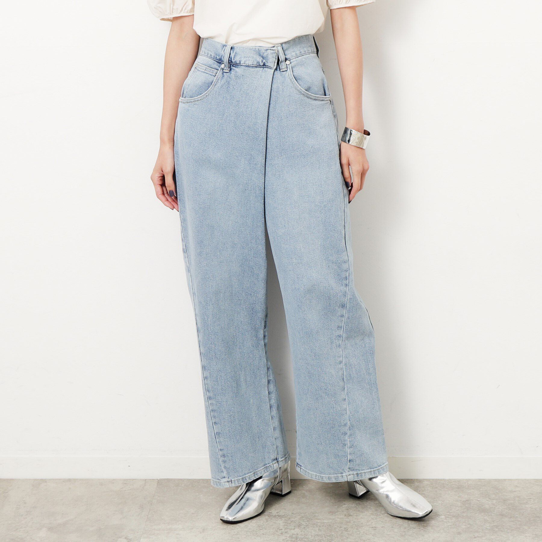 OPAQUE.CLIP「ストレッチラップデザインワイドデニム／オーガニックコットン混【洗濯機洗い可】」|デニム|