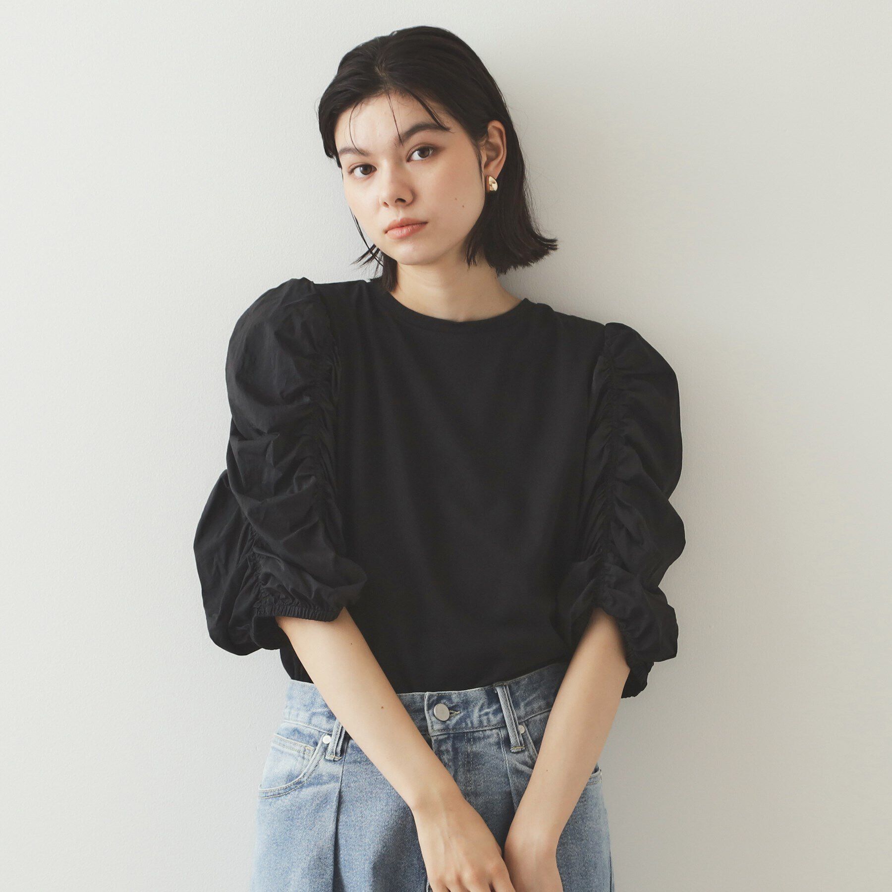 OPAQUE.CLIP「シアーシャーリングスリーブ ドッキングカットソー【洗濯機洗い可】」|Tシャツ・カットソー|ブラック(019)