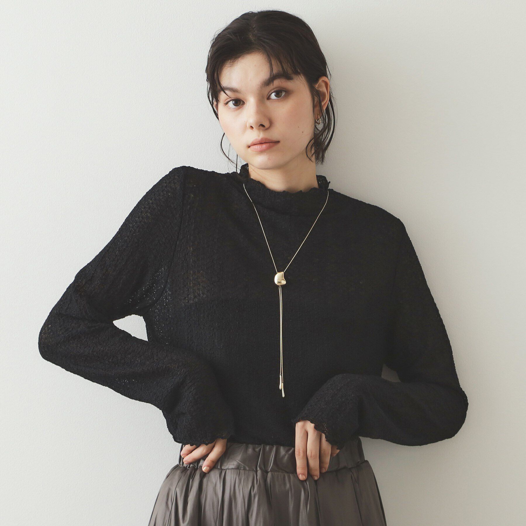 OPAQUE.CLIP「シアーレースハイネックトップス【洗濯機洗い可】」|Tシャツ・カットソー|ブラック(019)