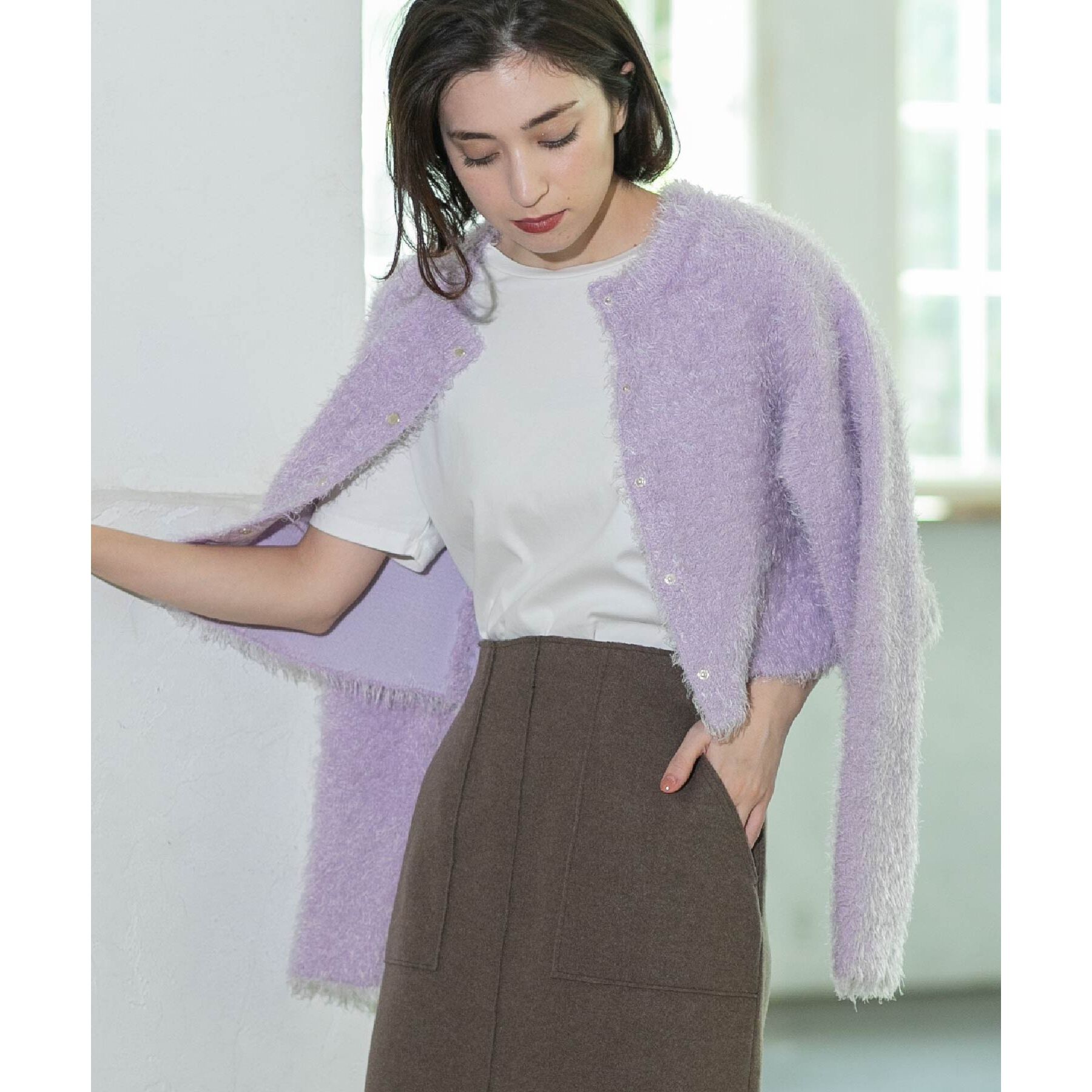 OPAQUE.CLIP「《6color》シャギーニットショートカーディガン【洗濯機洗い可】」|カーディガン|