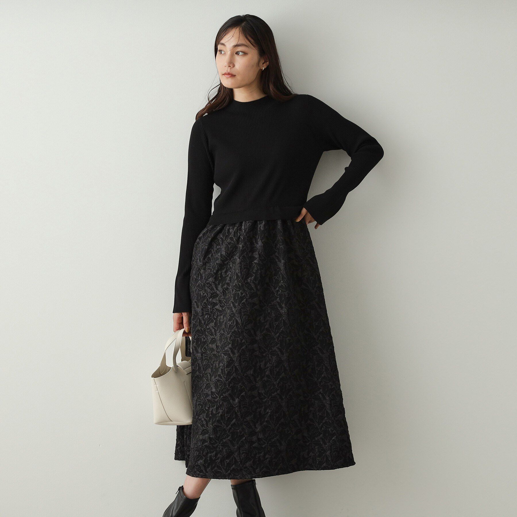 OPAQUE.CLIP「ニット&times;ジャカードドッキングワンピース【洗濯機洗い可】」|ワンピース|ブラック(019)