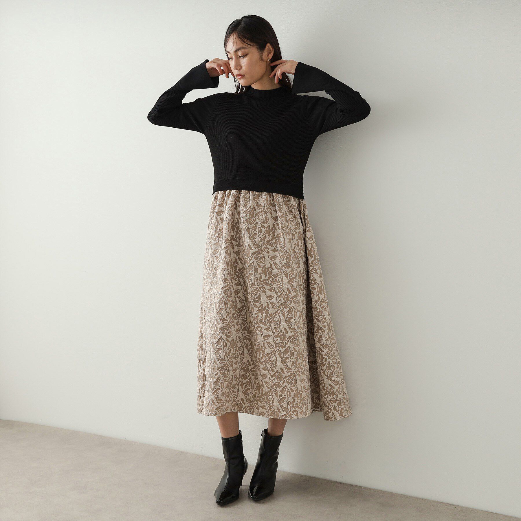 OPAQUE.CLIP「ニット&times;ジャカードドッキングワンピース【洗濯機洗い可】」|ワンピース|