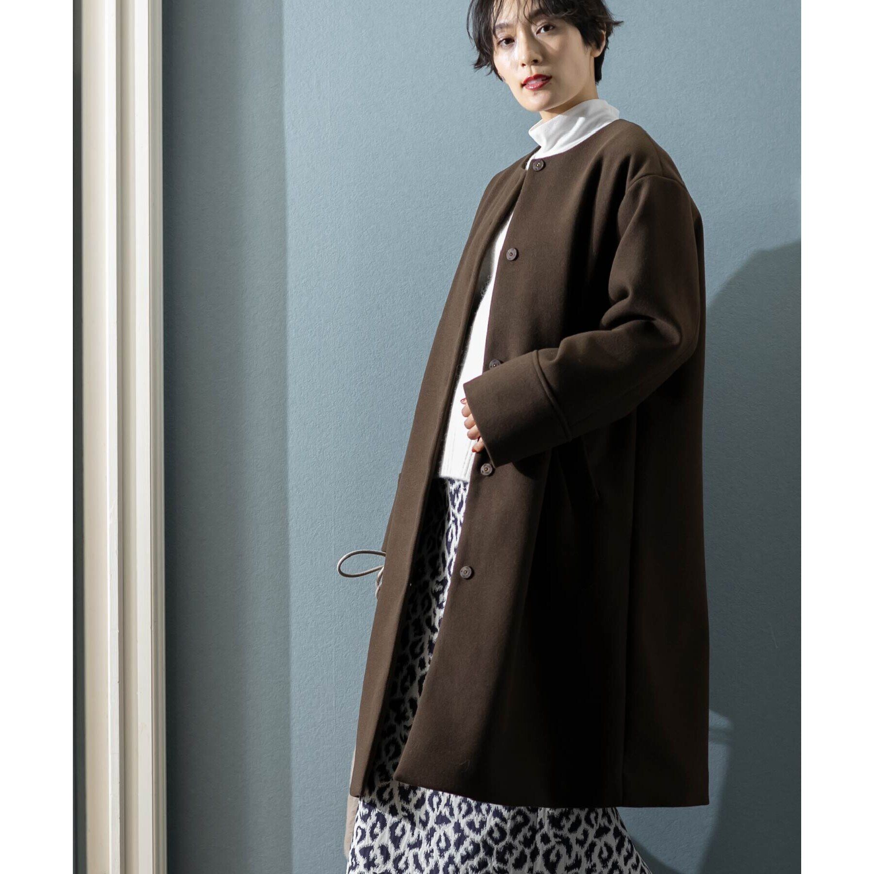 OPAQUE.CLIP「《S-LLsize》ウールライク メルトンノーカラーロングコート」|ノーカラーコート|