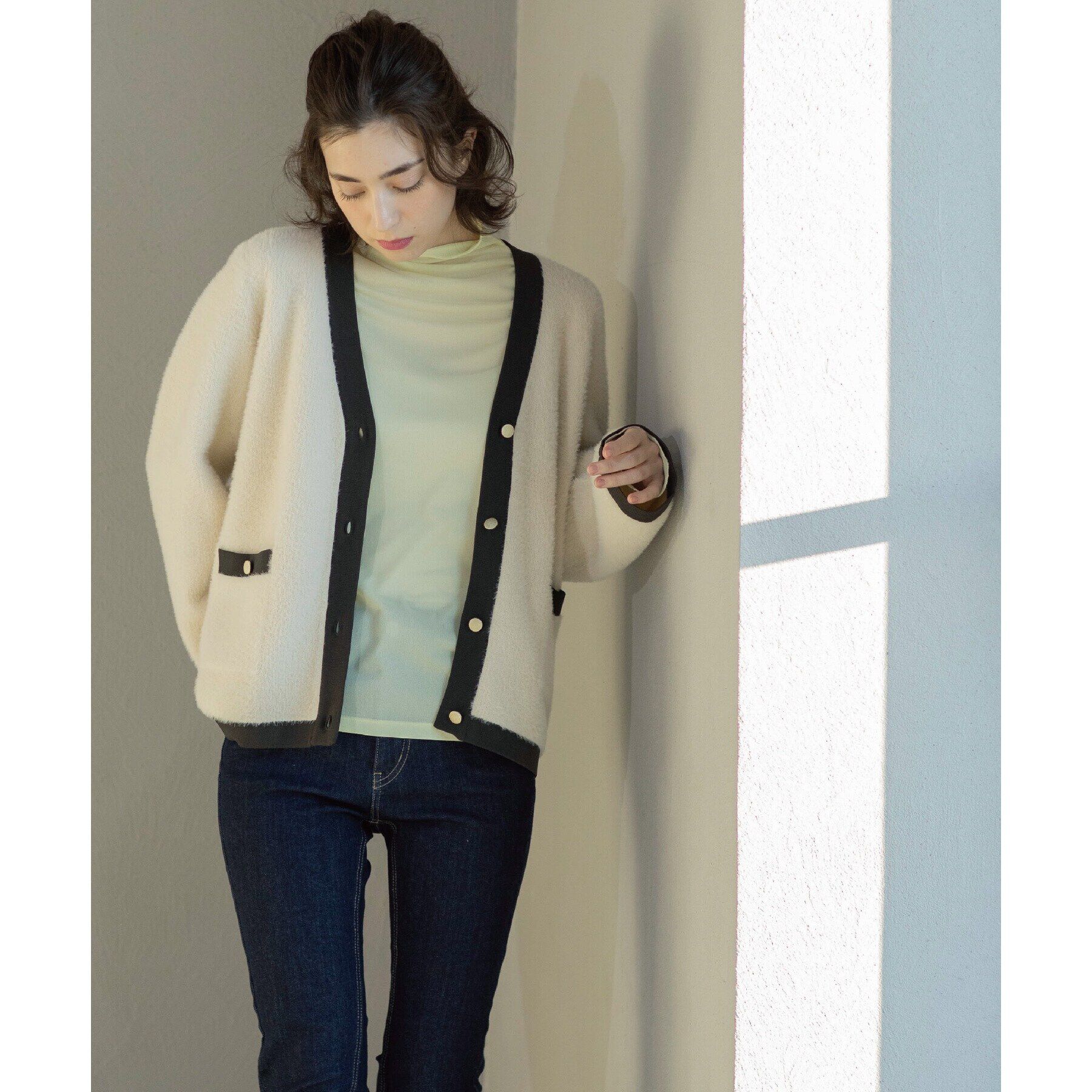 OPAQUE.CLIP「フェザーヤーン配色Vネックカーディガン【洗濯機洗い可】」|カーディガン|