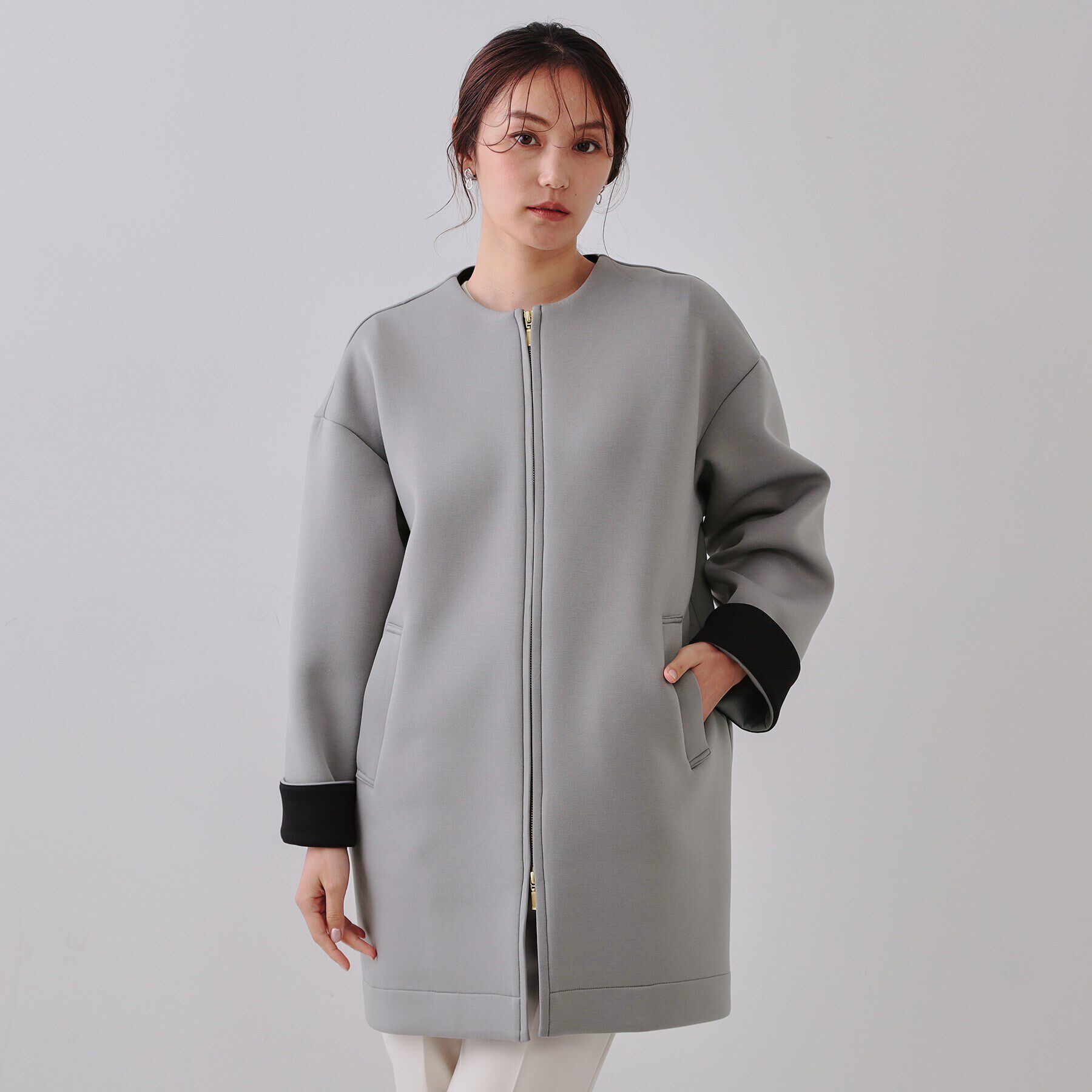 OPAQUE.CLIP「ノーカラーZIPミドルコート【洗濯機洗い可/抗ピル】」|ノーカラーコート|