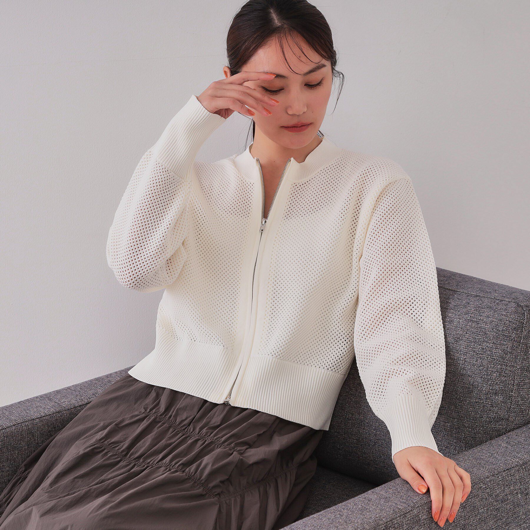 OPAQUE.CLIP「メッシュZIPニットカーディガン【洗濯機洗い可】」|カーディガン|ホワイト(001)