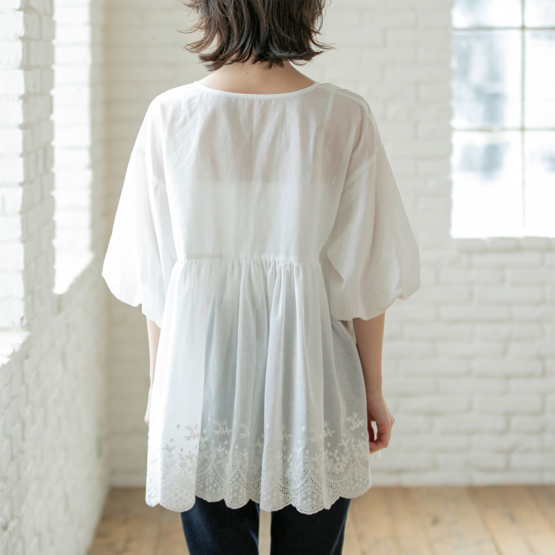 OPAQUE.CLIP「バルーン袖スカラップ刺繍レースチュニック」|シャツ・ブラウス|