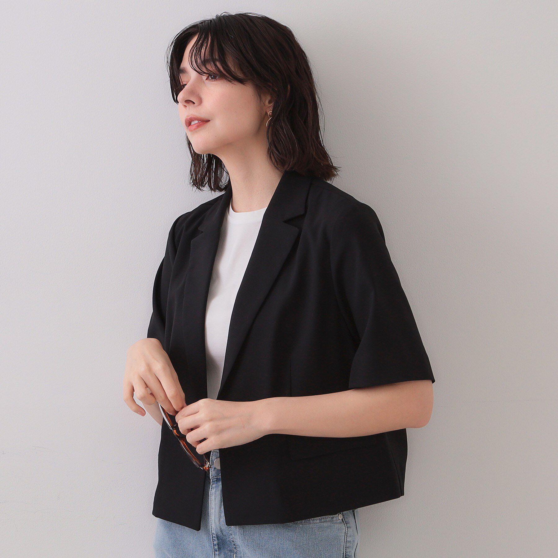 OPAQUE.CLIP「ストレッチリネンライクショートテーラードジャケット【UV/洗濯機洗い可/抗ピル】」|テーラードジャケット|