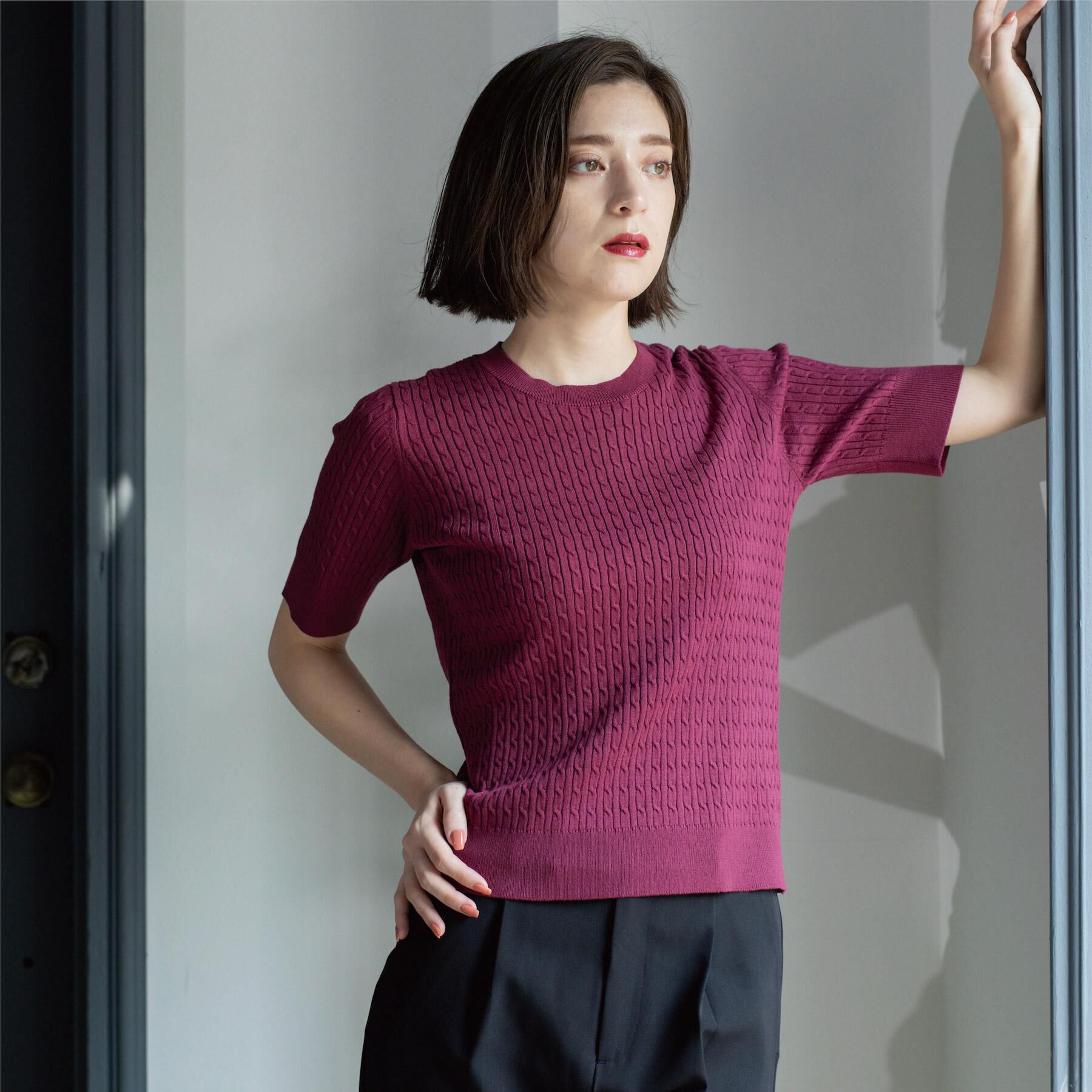 OPAQUE.CLIP「ケーブルハーフスリーブニット【UVケア/洗濯機OK】《6col/S～LL》」|ニット・セーター|