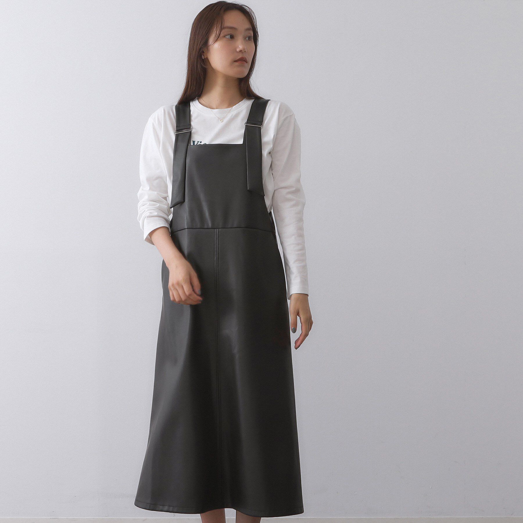 OPAQUE.CLIP「レザー調フレアジャンスカ【洗える】」|ワンピース|ブラック(019)