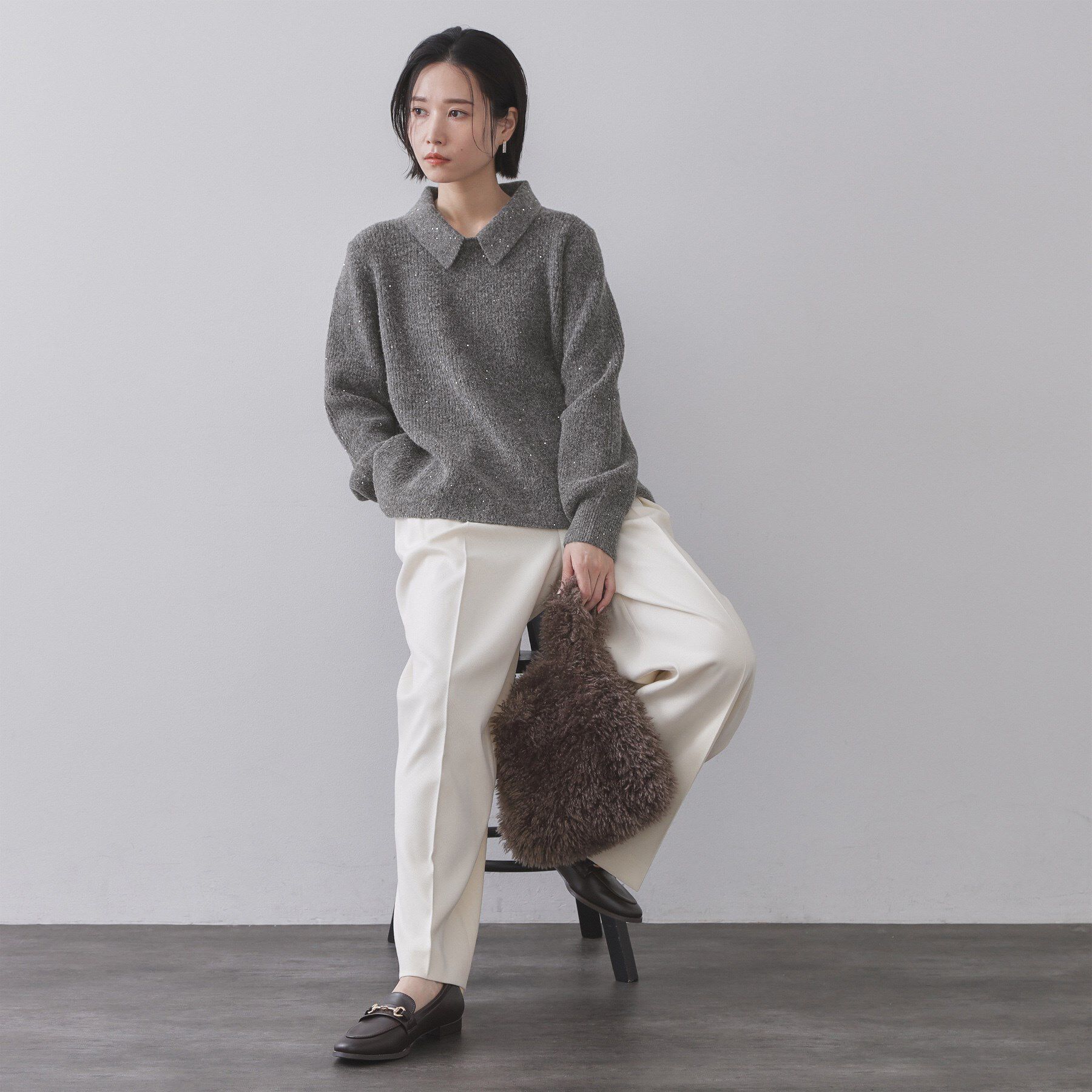 OPAQUE.CLIP「スパンコールラメ衿2WAYペプラムニット【洗濯機OK】」|ニット・セーター|