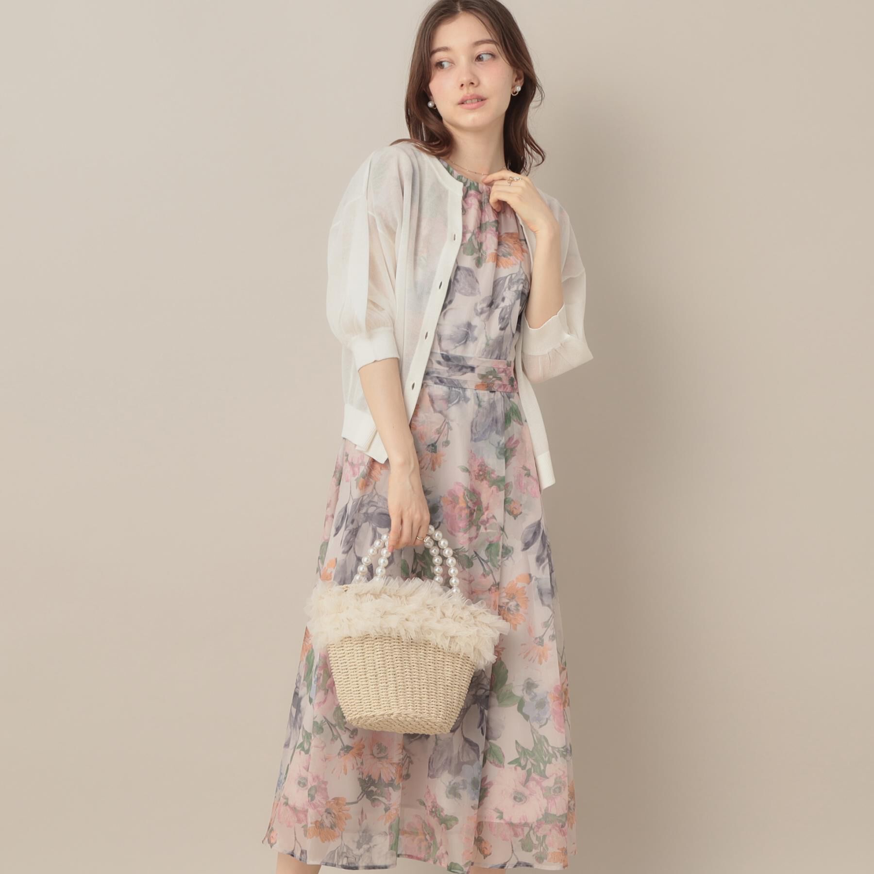 Couture broach「【前後2WAY・二の腕カバー】ダブルパール調釦5分袖シアーカーディガントップス」|カーディガン|