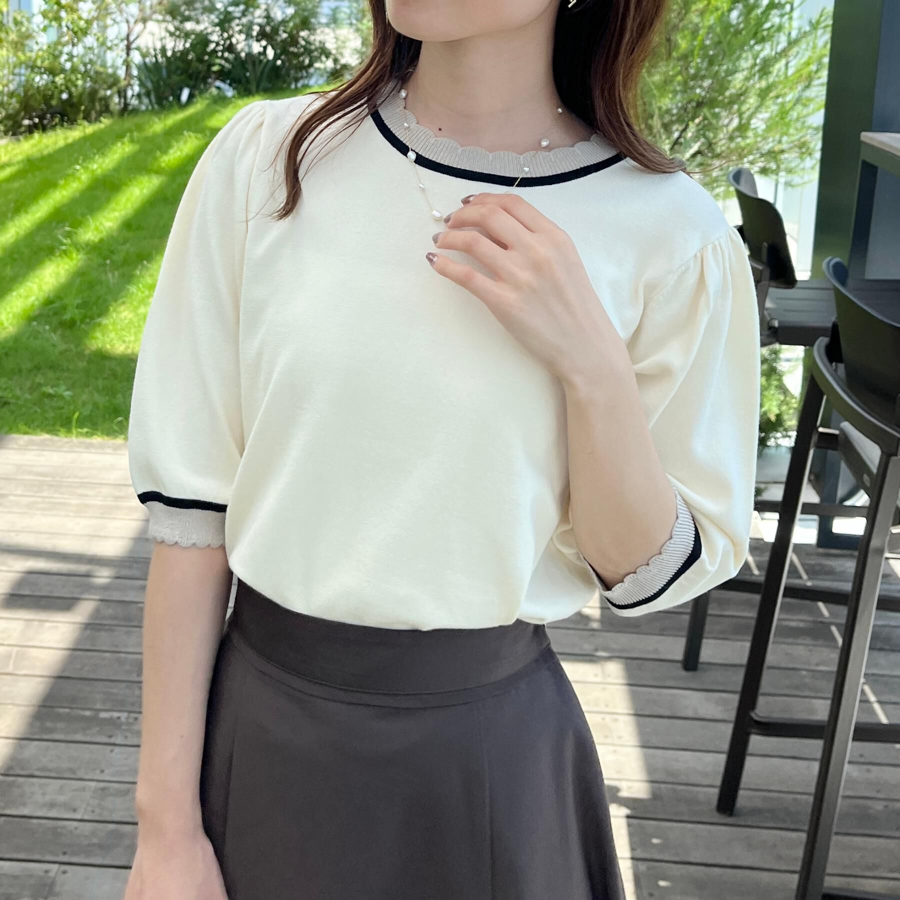 Couture broach「【5分袖・華奢見え・通勤】配色スカラ5分袖ニット」|ニット・セーター|