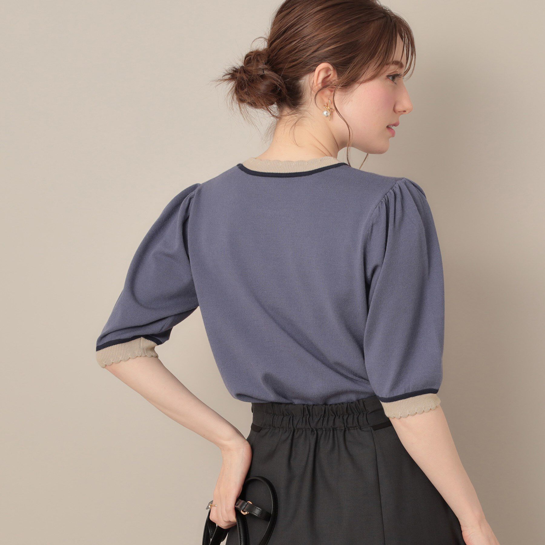 Couture broach「【5分袖・華奢見え・通勤】配色スカラ5分袖ニット」|ニット・セーター|