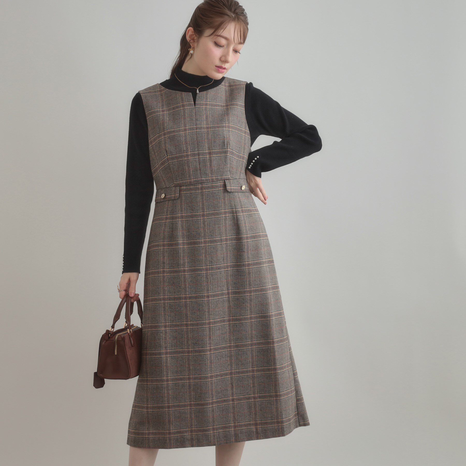 Couture broach「【美シルエット・大人可愛い・通勤】TRチェックジャンスカ」|ワンピース|ブラウン(244)