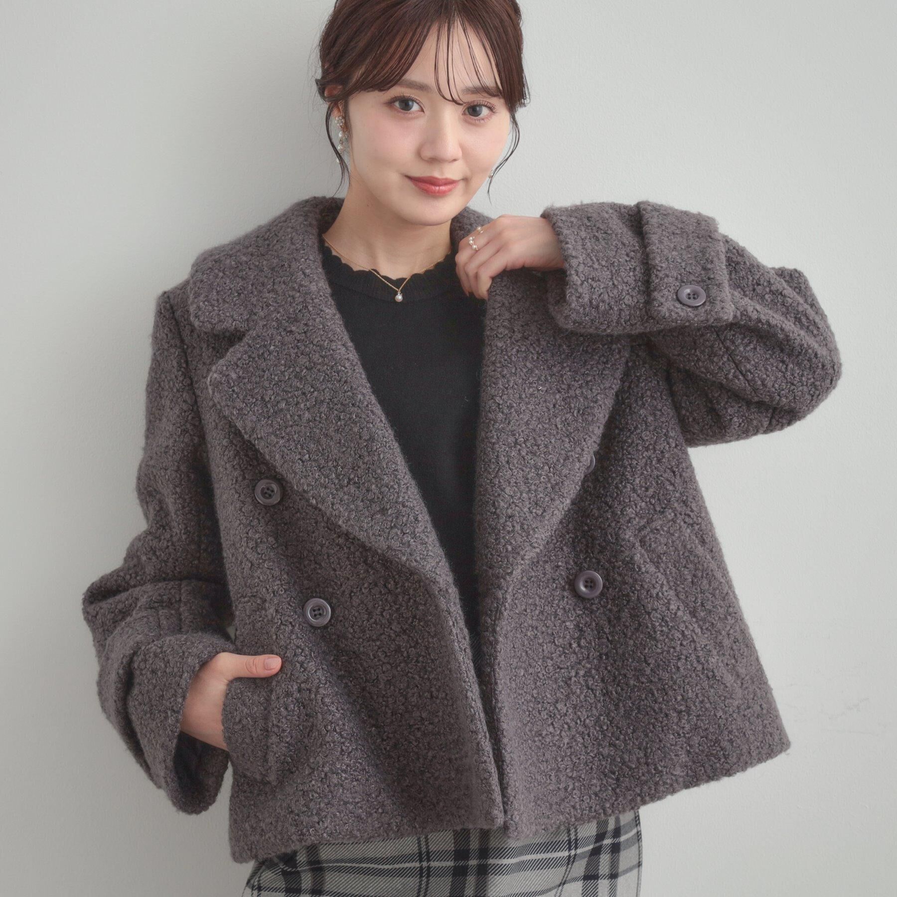 Couture broach「【S-LL/無地・チェック柄】プードルボア ショートコート」|ピーコート|グレー(012)