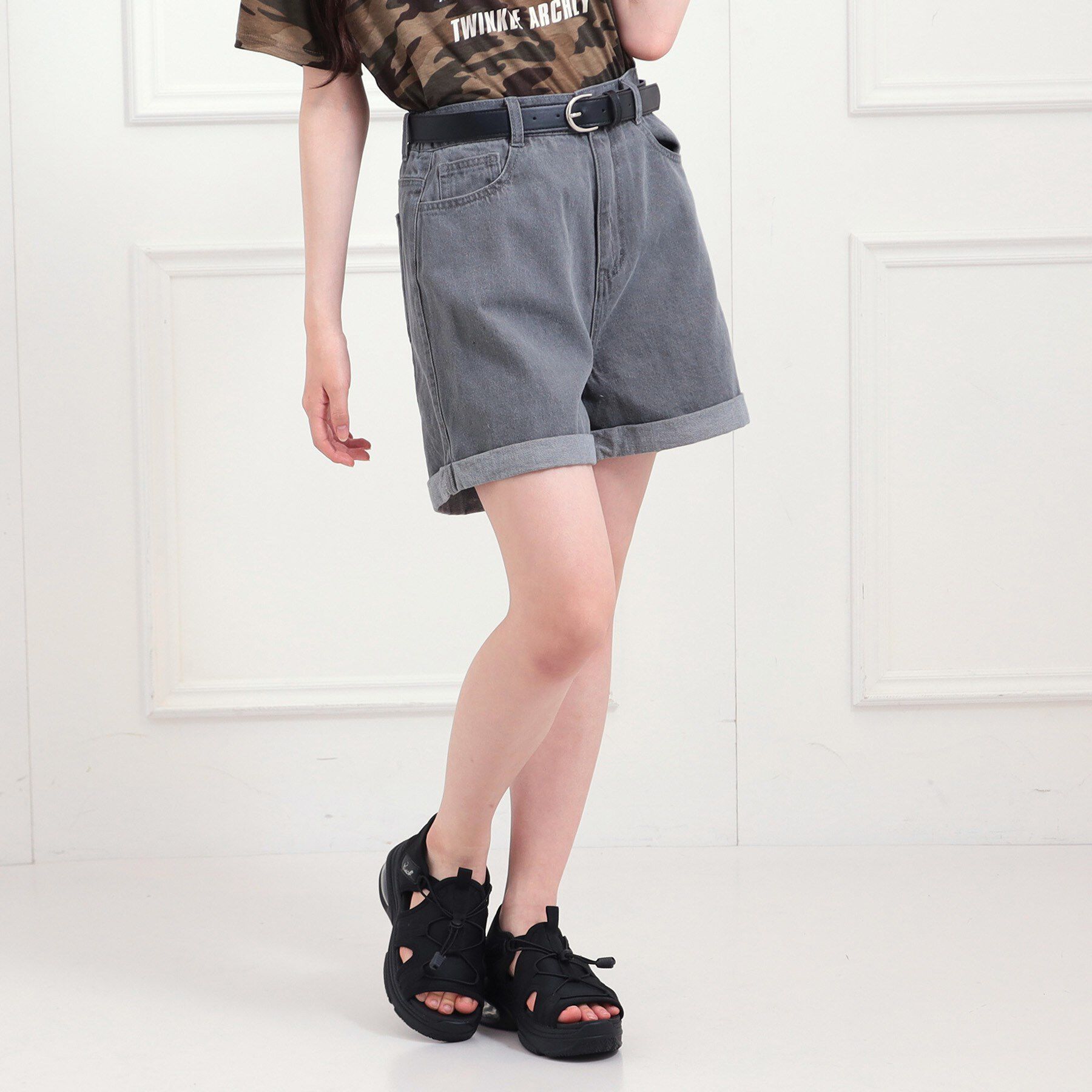 PINK-latte「ベルト付きデニムショートパンツ」|キュロット|ブラック(419)