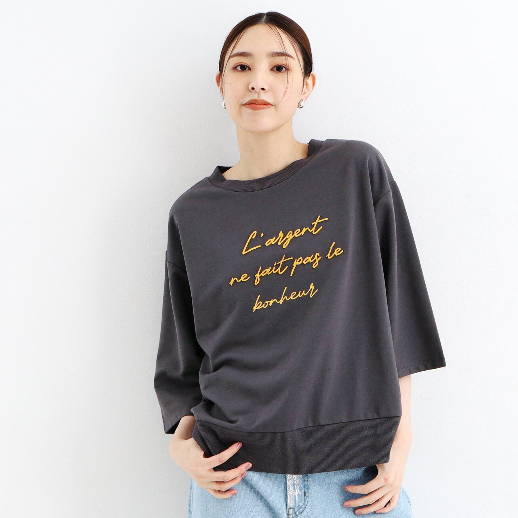 THE SHOP TK「【リラクシー/チュニック丈】6分袖裏毛刺繍プルオーバー/洗える」|Tシャツ・カットソー|ｽﾐｸﾛ(018)