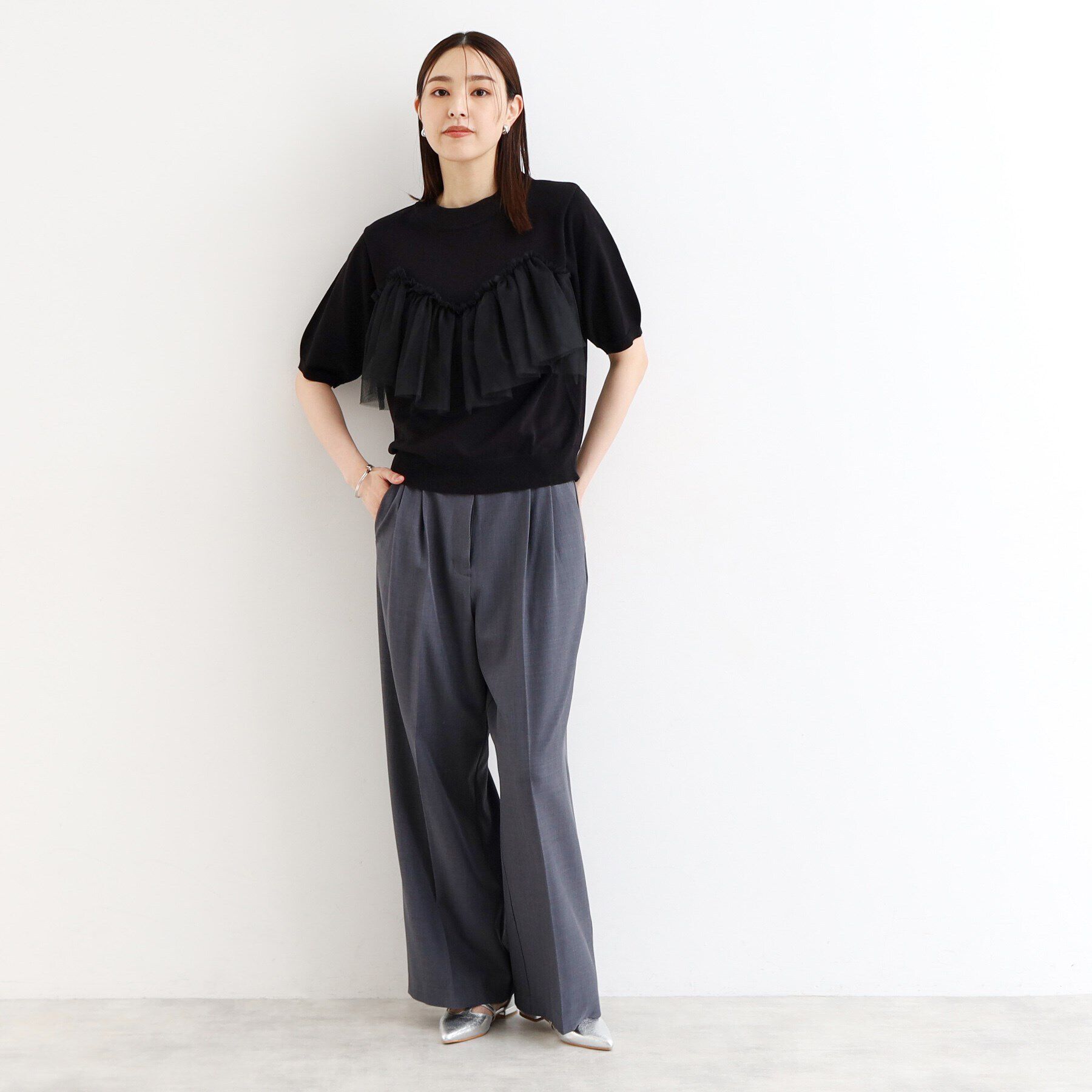 THE SHOP TK「【大人チュール使い】5分袖チュール切替ニット/洗える」|ニット・セーター|