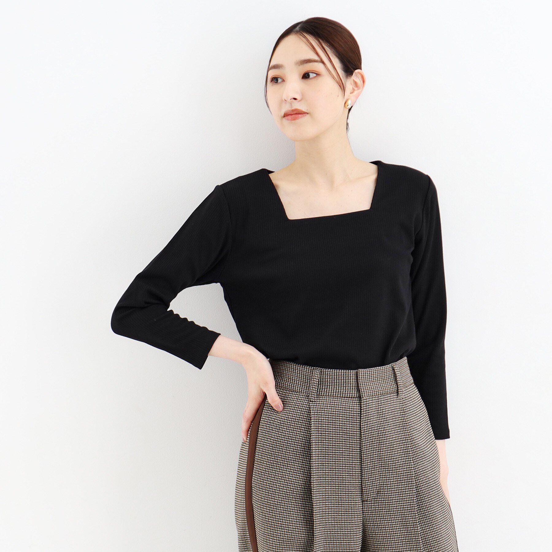 THE SHOP TK「スクエアリブネック9分袖プルオーバー」|ニット・セーター|