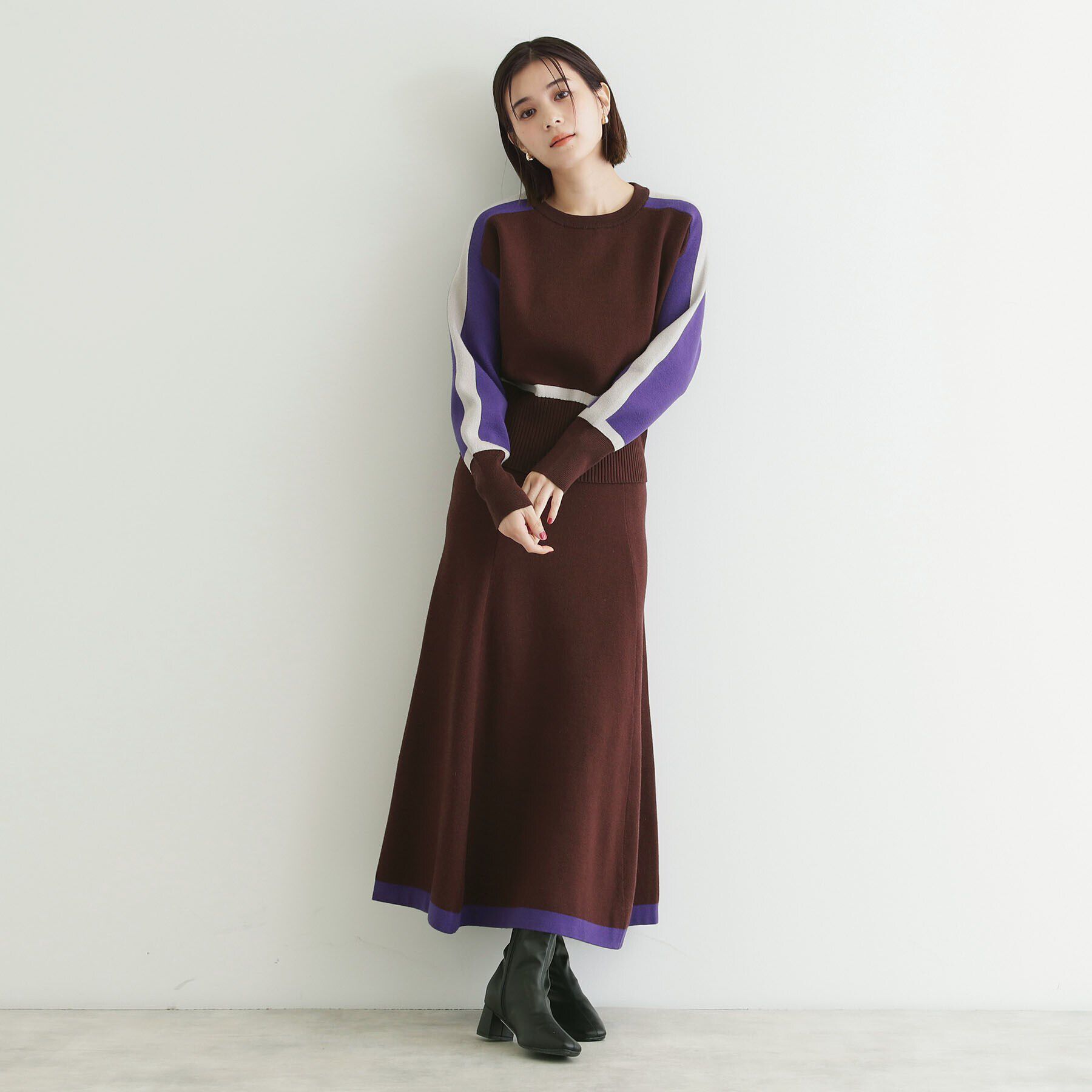 THE SHOP TK「【上下セットアイテム】配色ニットセットアップ/洗える」|スーツ|ブラウン(544)
