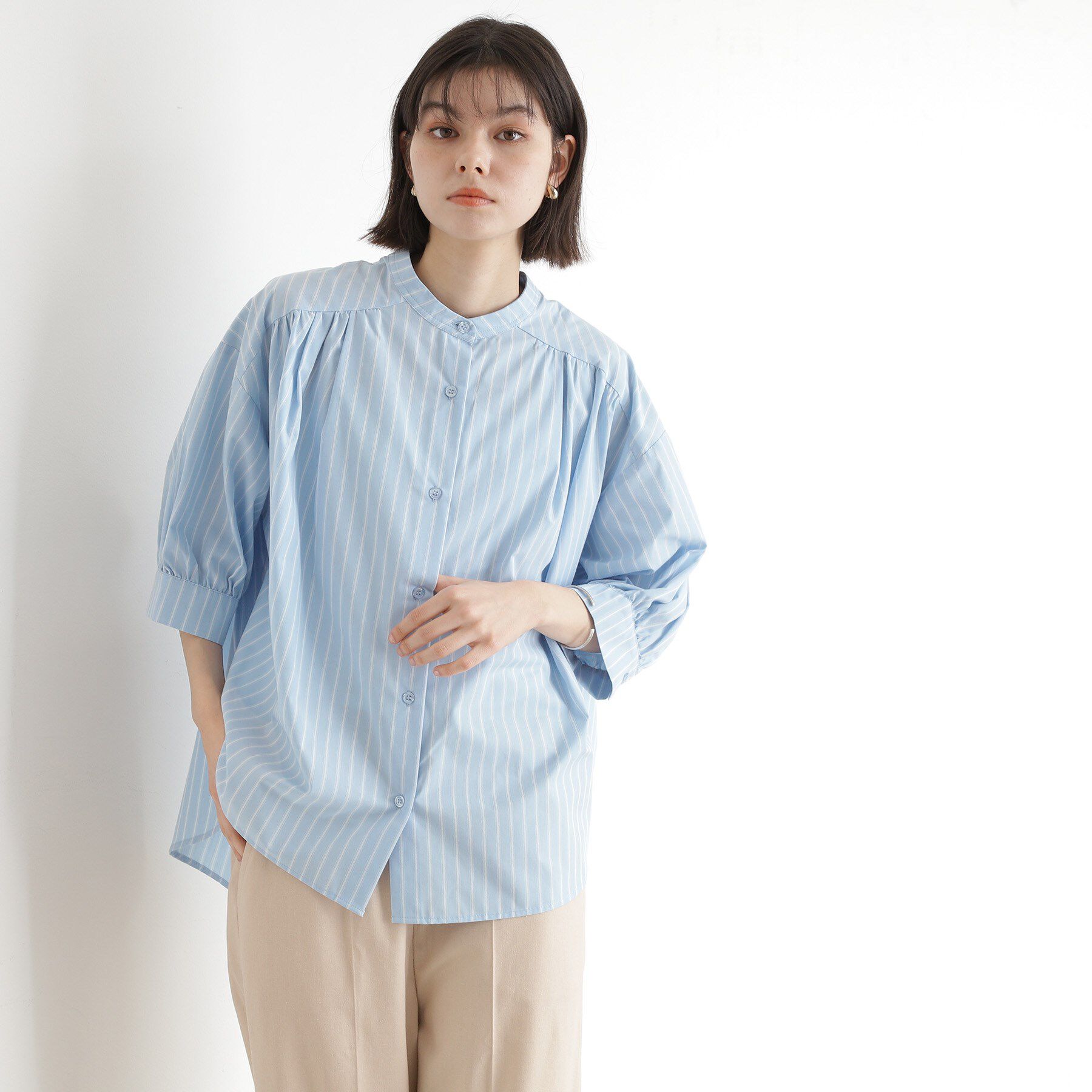 THE SHOP TK「【体型カバー】6分袖バックシャーリングシャツ/洗える」|シャツ・ブラウス|