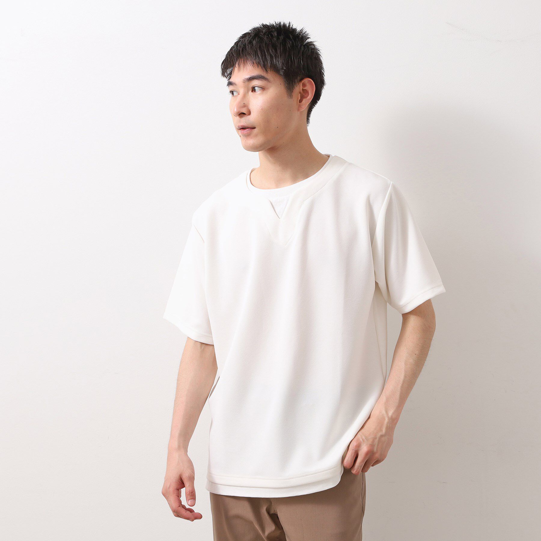 THE SHOP TK「ツイルキーネック半袖Tシャツ 【接触冷感/洗濯機OK】」|Tシャツ・カットソー|オフホワイト(003