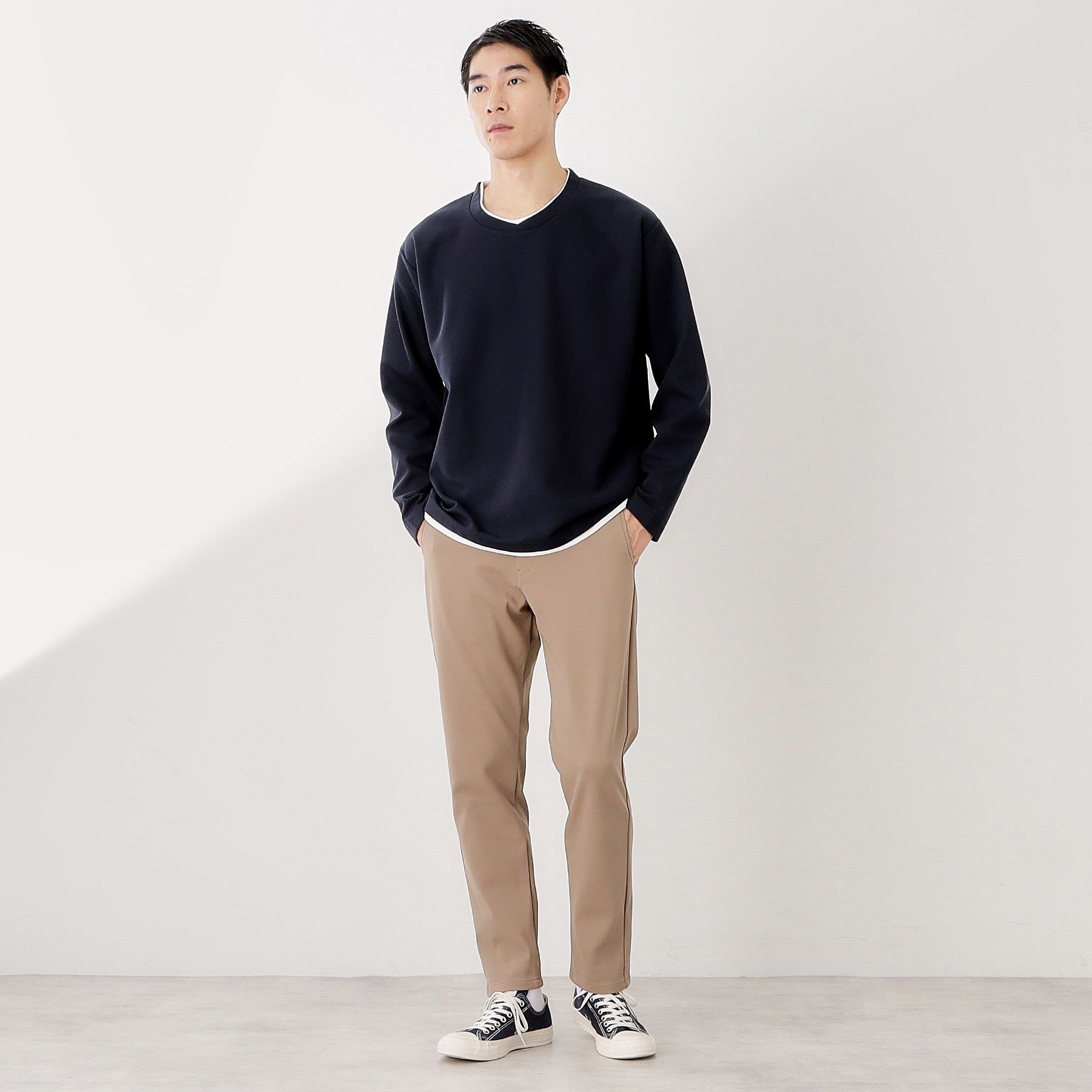 THE SHOP TK「【一枚でコーディネートが完成！】レイヤード風クルーネック長袖Tシャツ　洗濯機OK」|Tシャツ・カットソー|