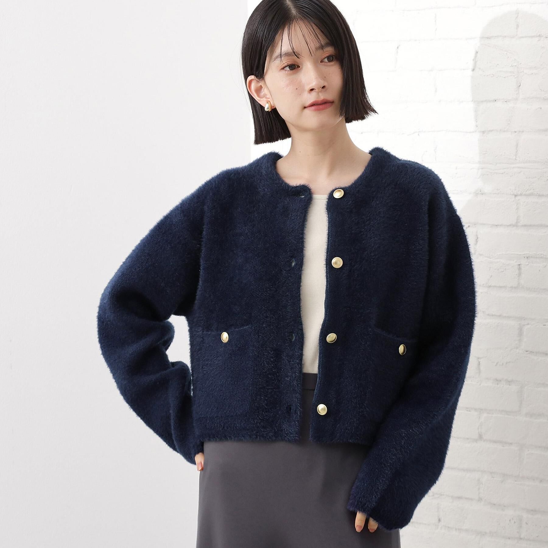 THE SHOP TK「【即戦力】ベロアフェザーカーディガン」|カーディガン|ネイビー(094)