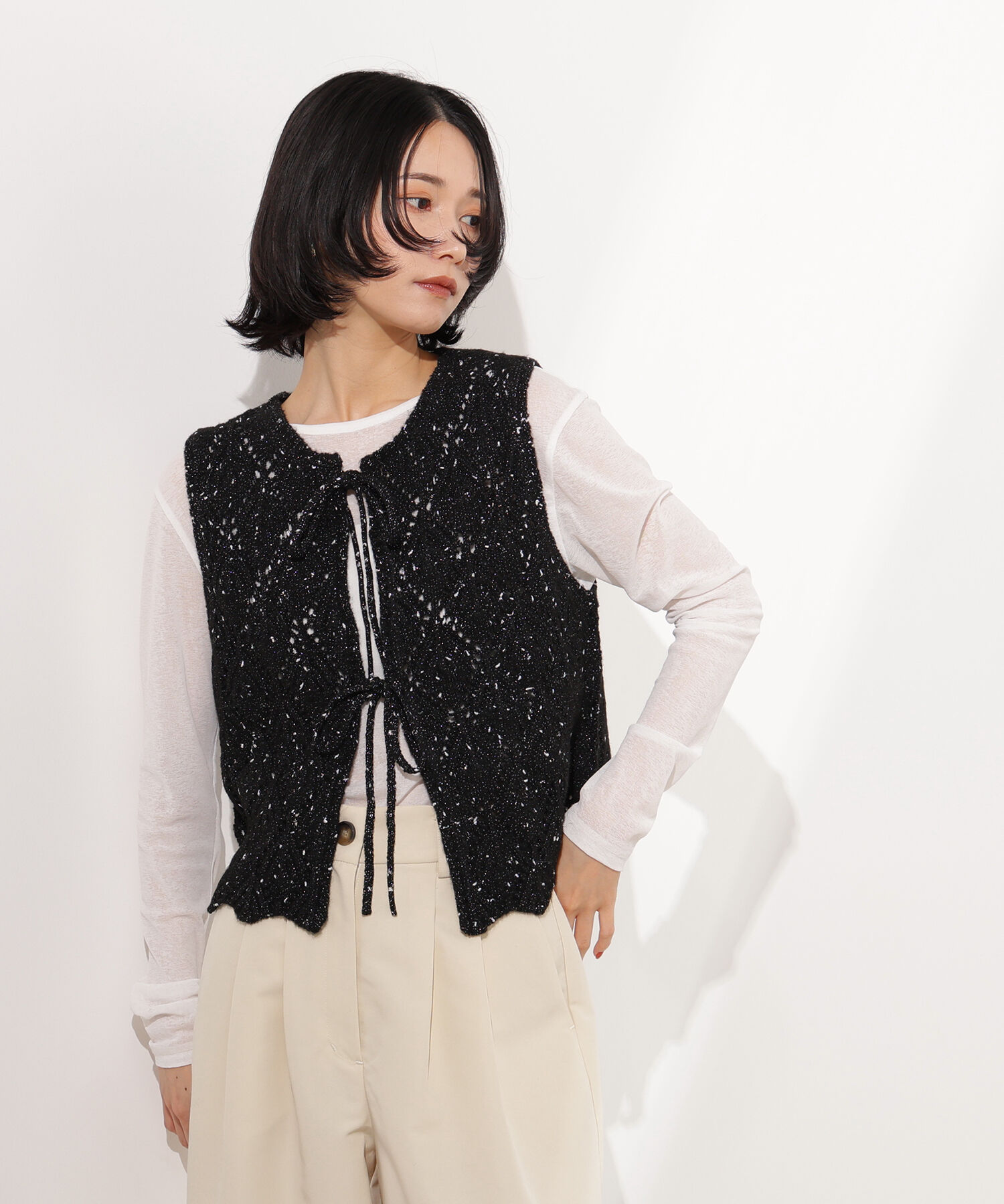  「ラメネップ透かし編みジレ」|ニット・セーター|