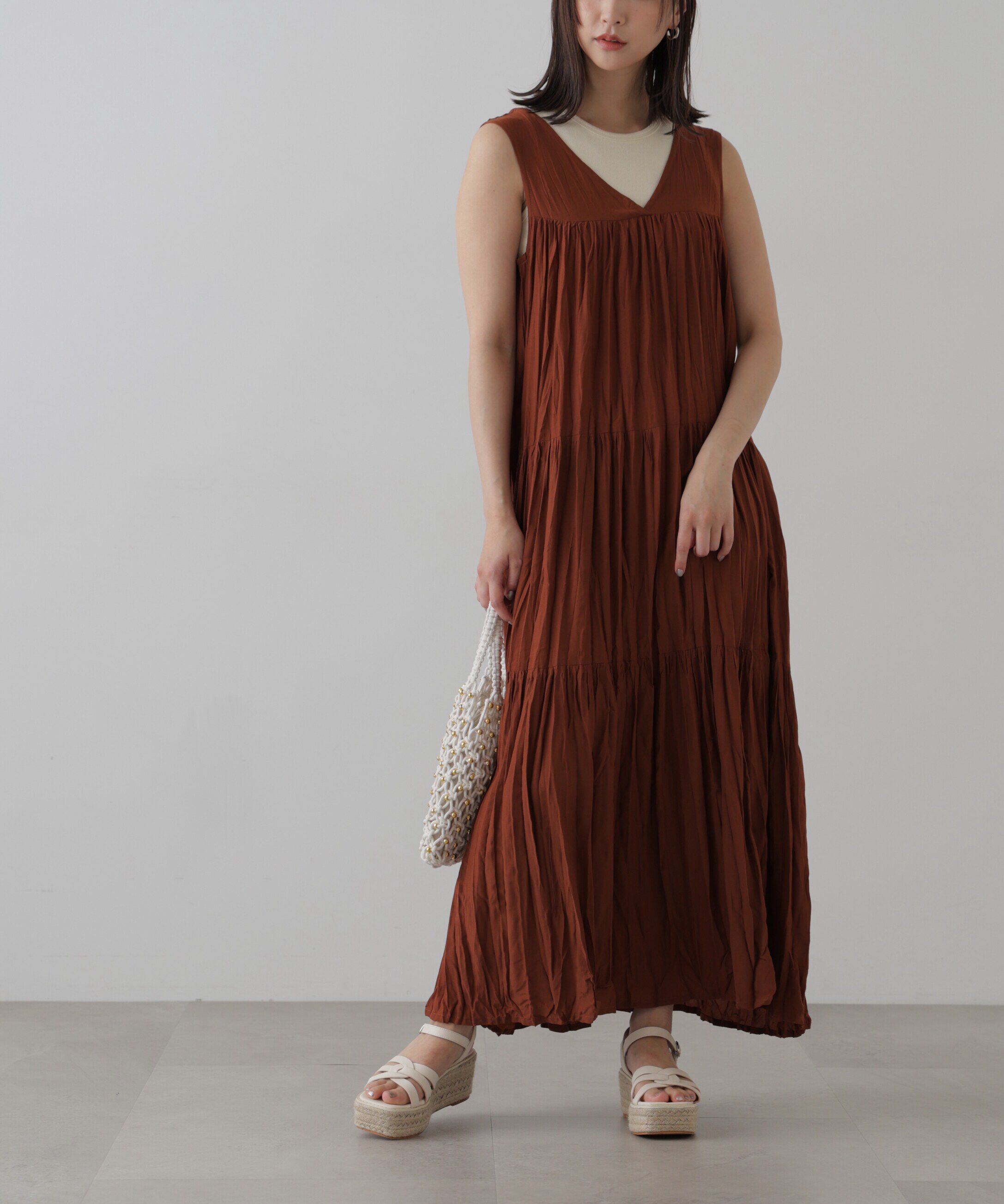  「ワッシャーティアードノースリーブワンピース」|ワンピース|