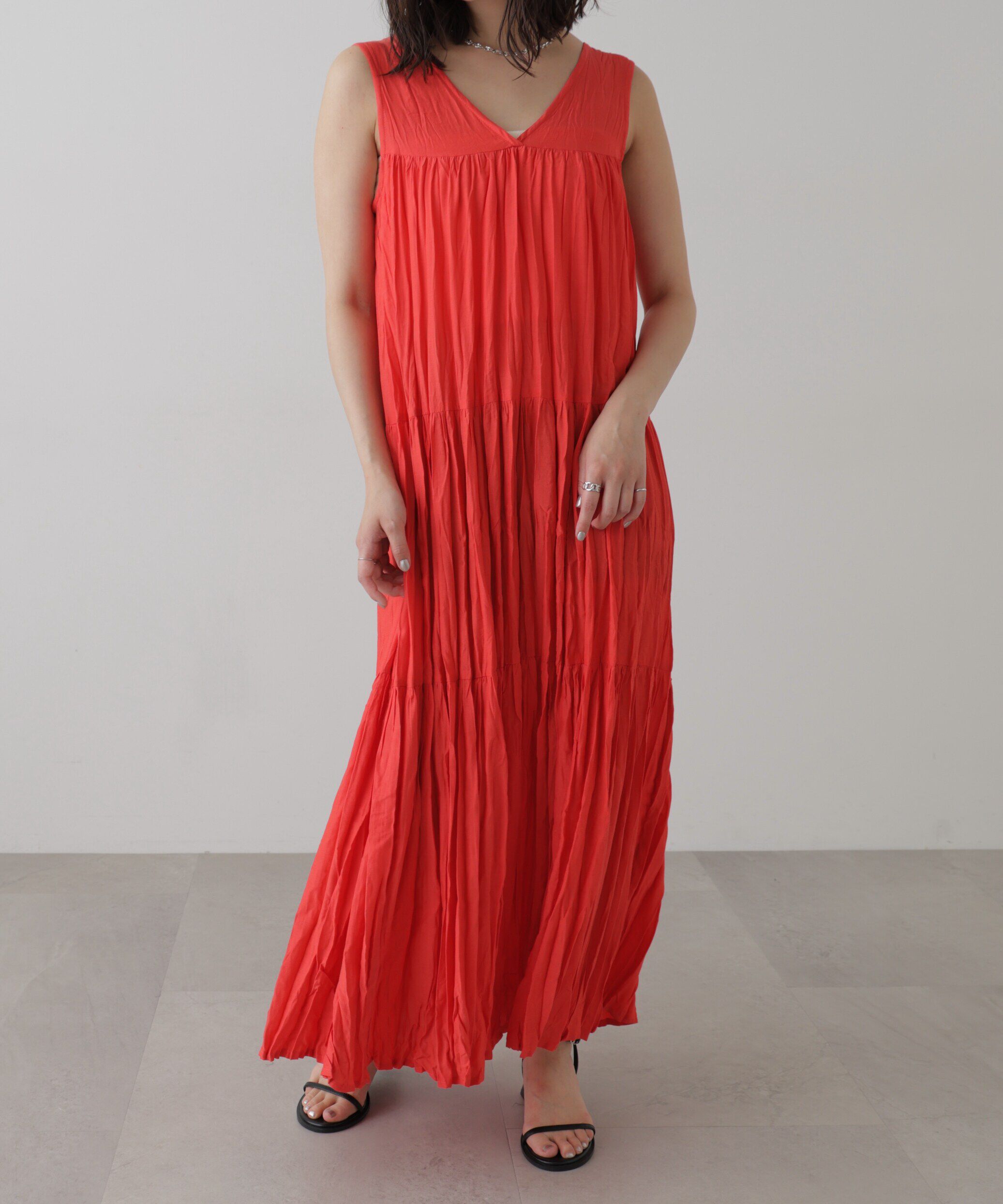  「ワッシャーティアードノースリーブワンピース」|ワンピース|